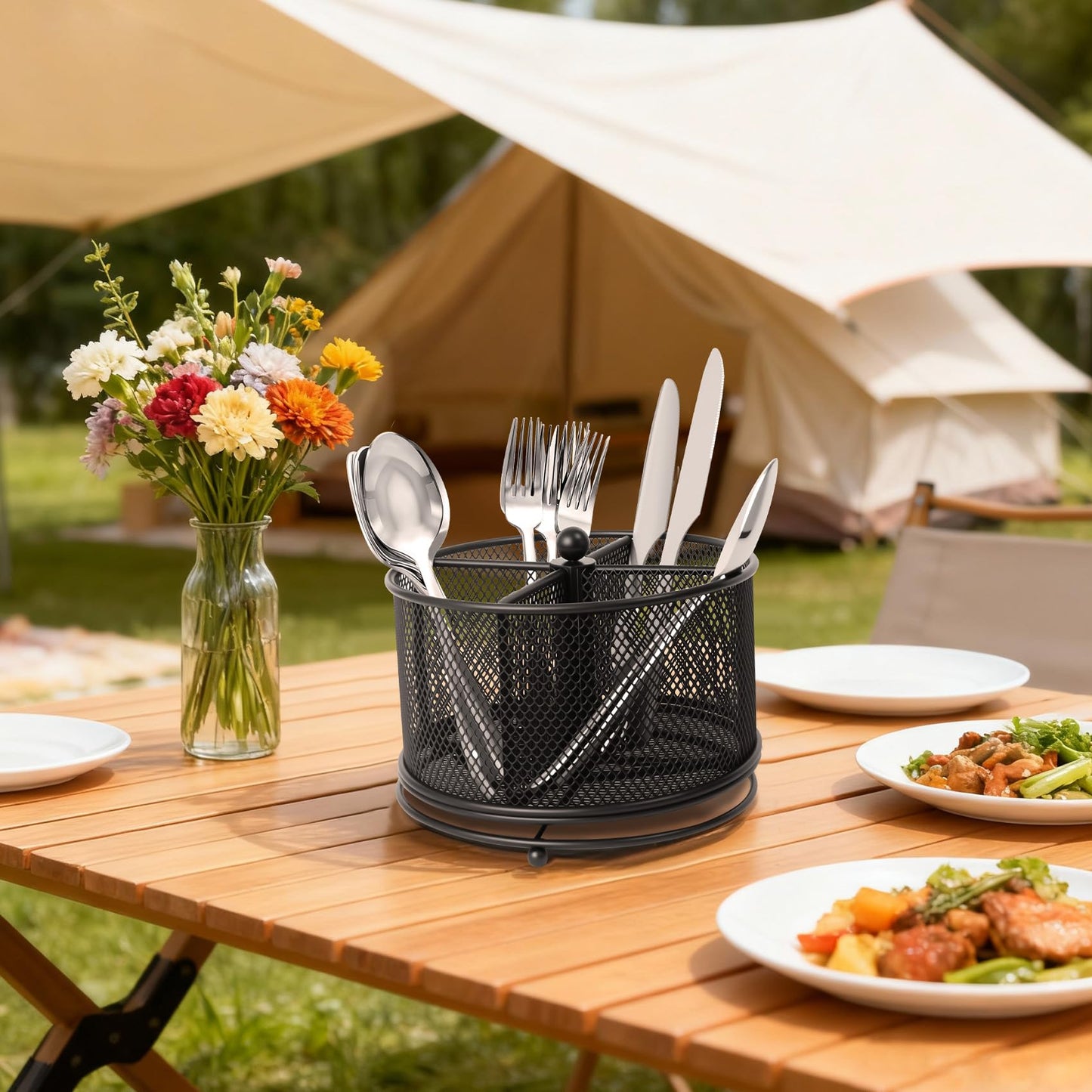 Fylsyd 360° Rotating Metal Utensil Caddy, 4 Compartment Silverware Cutlery Holder, Effortless Access Fork Spoon, Silverware Holder for Party Countertop Buffet Picnic Camping Outdoor (Black)