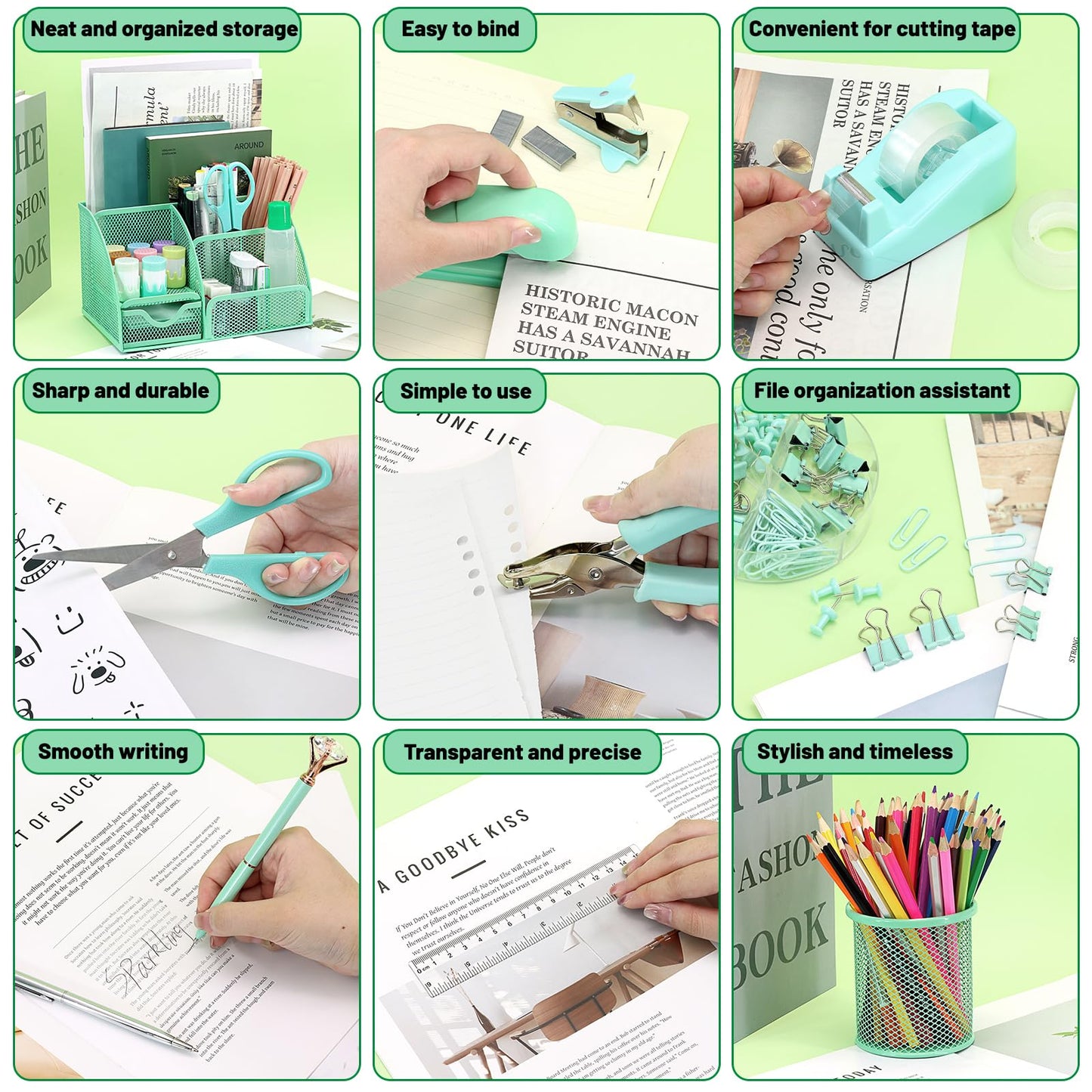 13-in-1 Office Desk Organizer Set with Stapler and Tape Dispenser, Pen Holder, Scissors, Ruler, Hole Punch, 2 Pens & More Desktop Accessories for Back to School Supplies (Green)