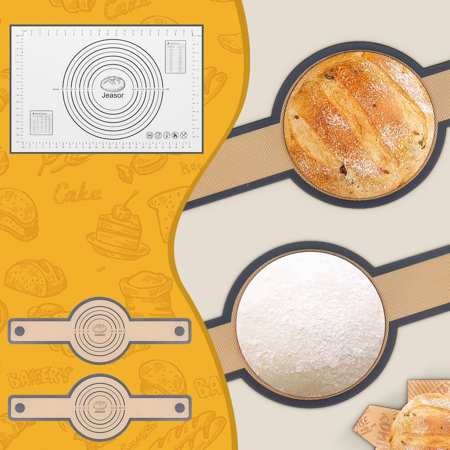 Jeasor 3 PCS Silicone Baking Mat Set, Silicone Bread Sling for Dutch Oven, Reusable Sourdough Bread Baking Supplies, Non-Stick and Easy Clean, with Long Handles