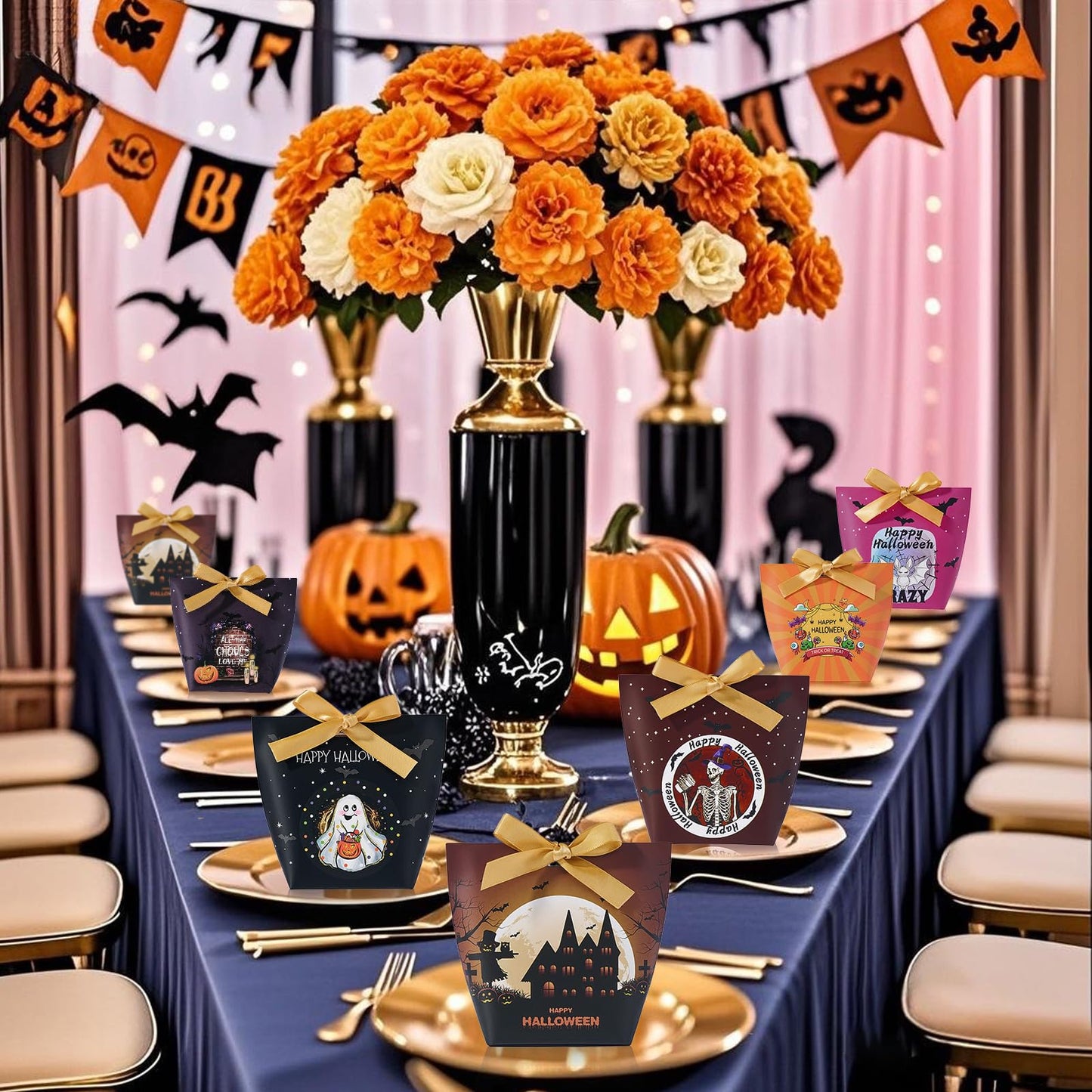 SLShePack 48 Set Halloween Treat Boxes with Ribbons,6 Patterns Gift Bags for Coworkers Decorations Boxes Party Favors Boxes