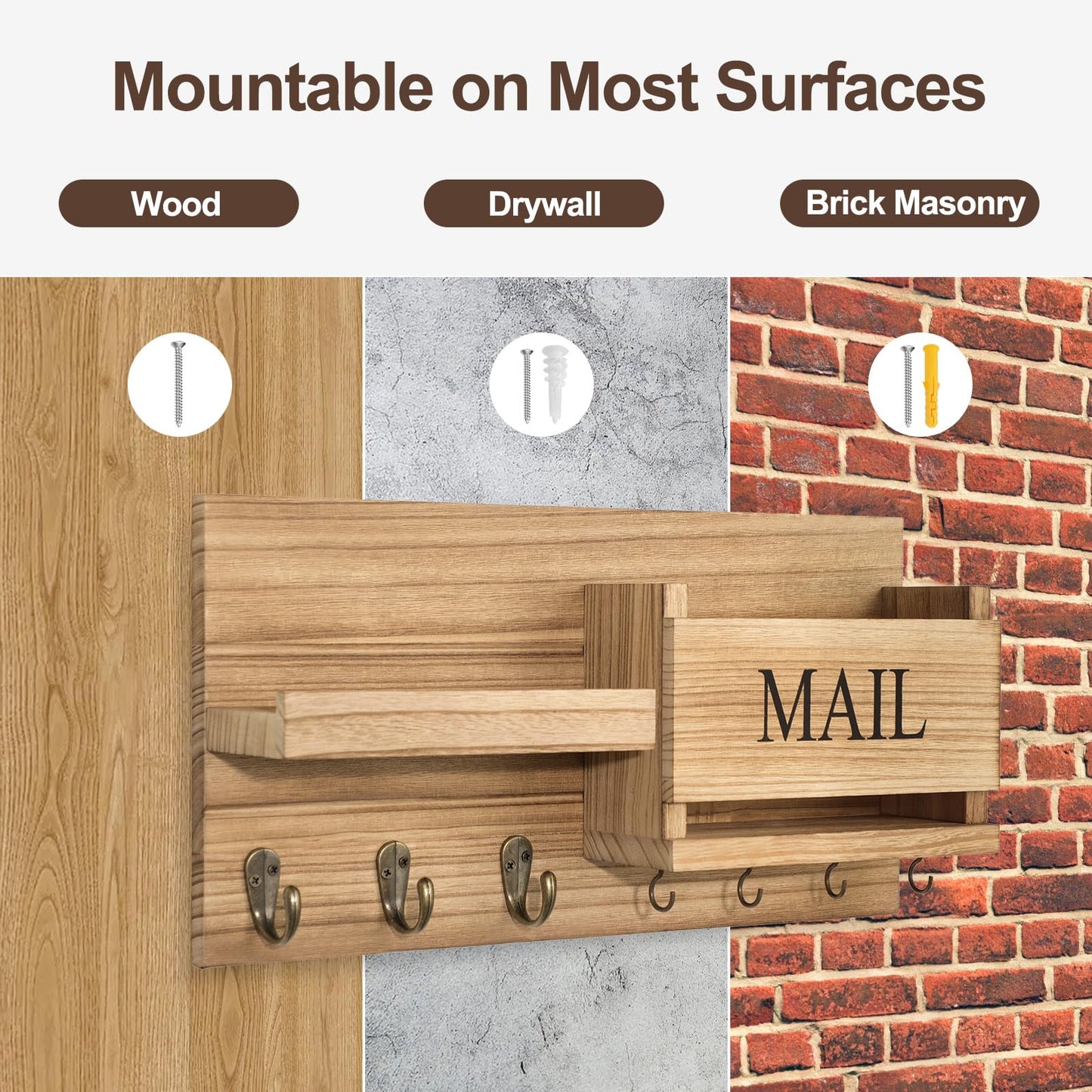 Lwenki Mail Organizer for Wall Mount – Key Holder with Shelf Includes Letter Holder and Hooks for Hallway Farmhouse Decor – Rustic Wood with Flush Mounting Hardware (16.5” x 9.1” x 3.4”) (Wood)