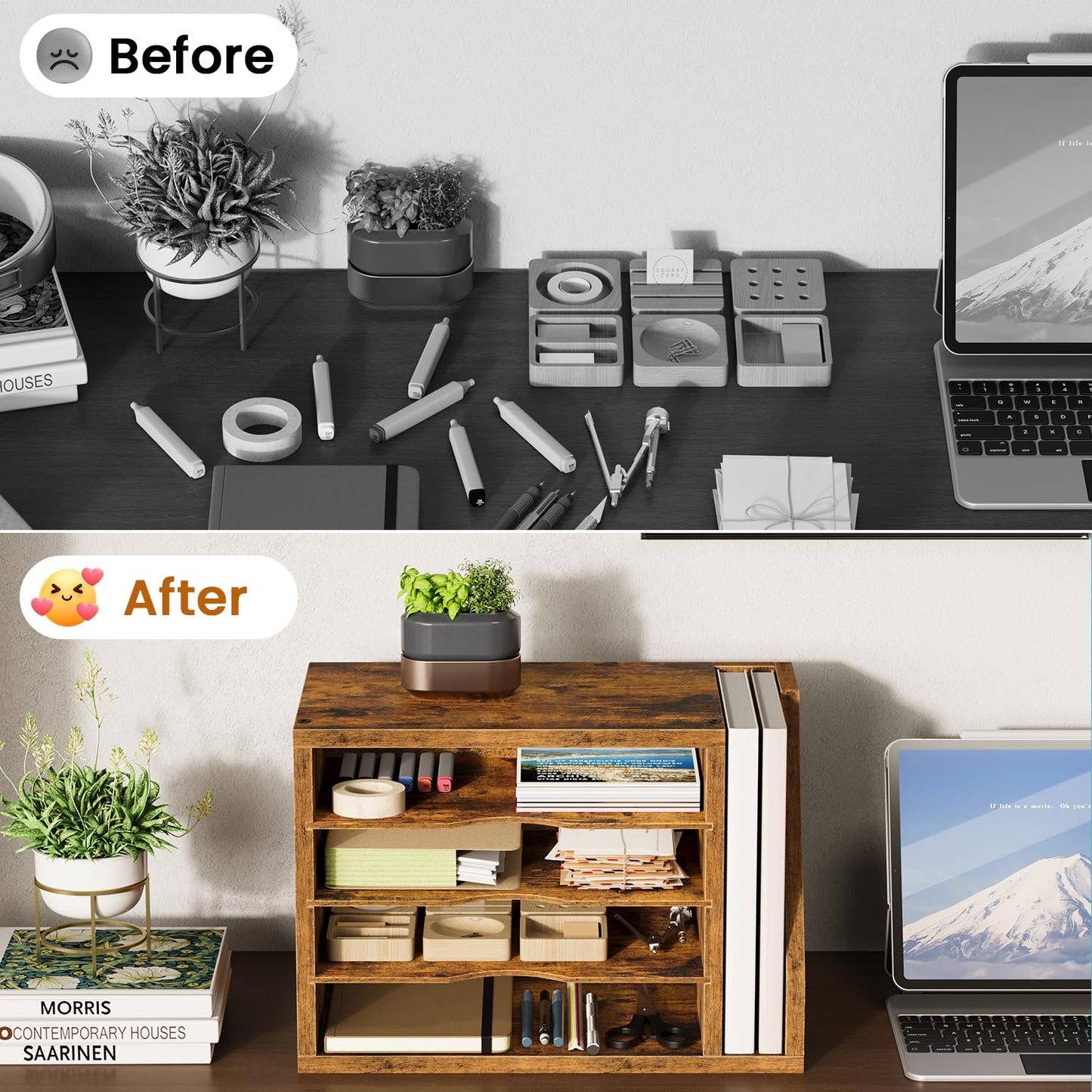 Creso hom Mail Sorter, File Organizer Desktop, Wood Desk Organizer with 3 Adjustable Shelves, Mail Holder for Office, Home, Letter Sorter File Holders for Envelopes, Supplies Magazines, Rustic Brown