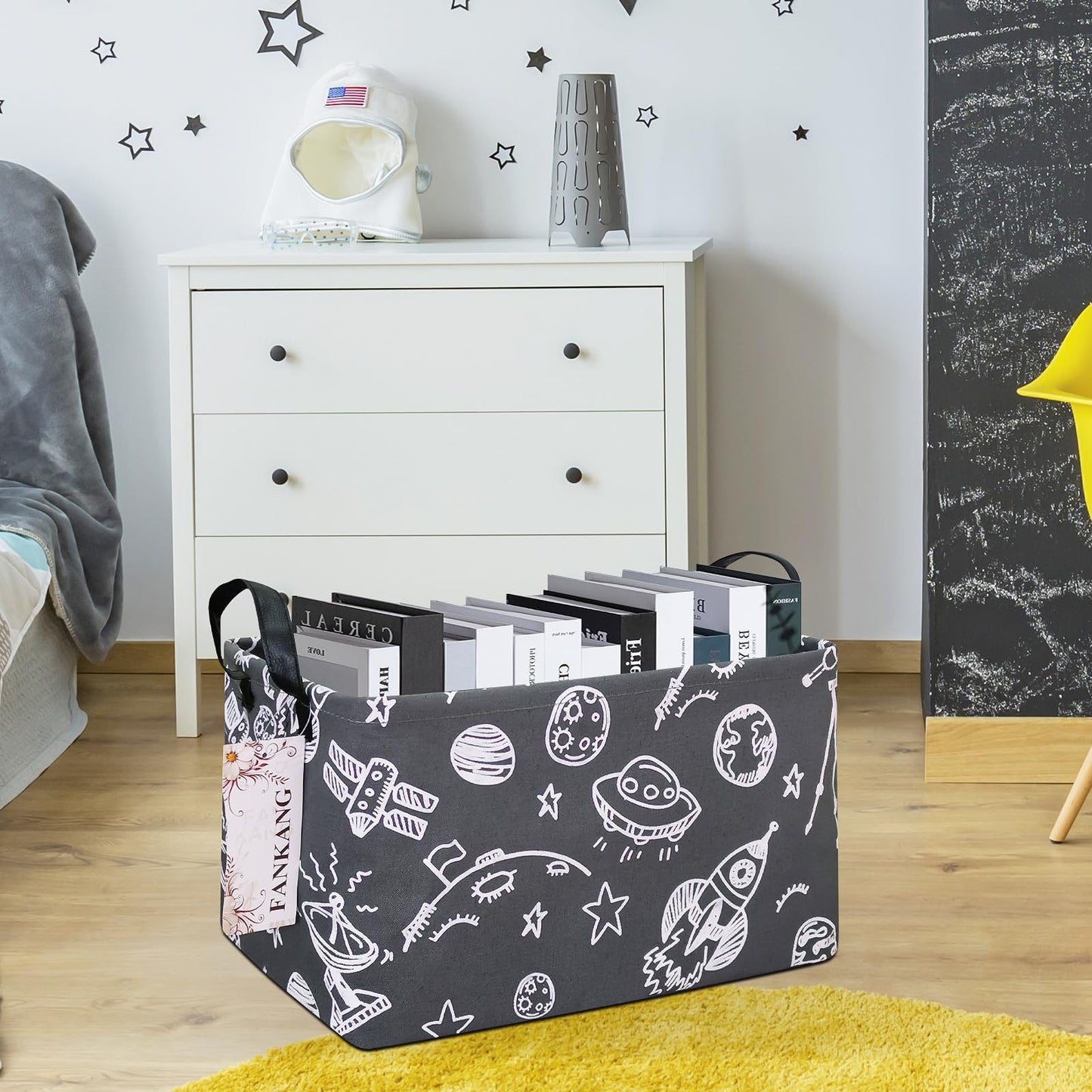 FANKANG Storage Basket,Nursery Hamper Canvas Laundry Basket Foldable with Waterproof PE Coating Storage, Office, Bedroom, Clothes,Toys (Rec-Space Planet)