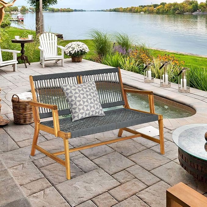 Tangkula 2-Person Patio Acacia Wood Bench Loveseat, Outdoor Patio Rope Bench in Teak Oil Finish, for Balcony Deck Poolside Porch (Grey)