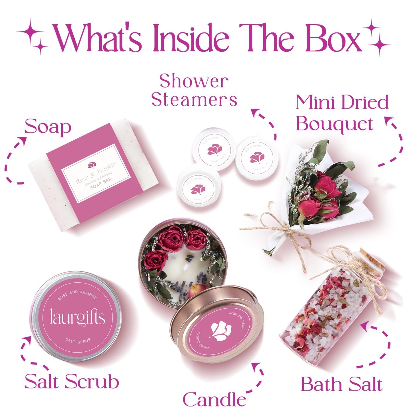 Mothers Day Spa Gift Set for Women – Rose & Jasmine Candle Gift Set with Bath Treats, Relaxing Self Care Basket, Birthday Gift for Mom or Friend