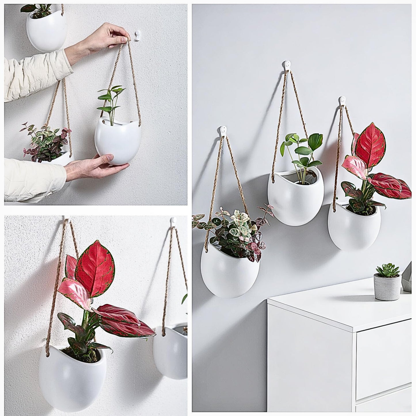 Kvetto Set of 3 Small Ceramic Wall Vases - Hanging Planters for Plants & Flowers, Indoor Wall Decor