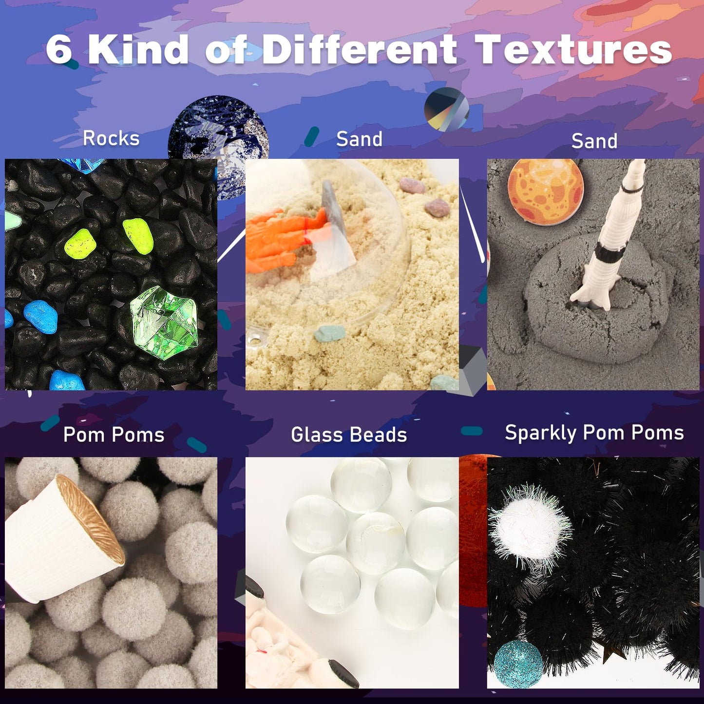 Space Themed Sensory Bin Filler,Planet Toys for Kids, Universe Solar System for Autistic Children, Space Astronauts Sensory Toys for Toddlers with 9 Planets, Sand, 3 Tools and More