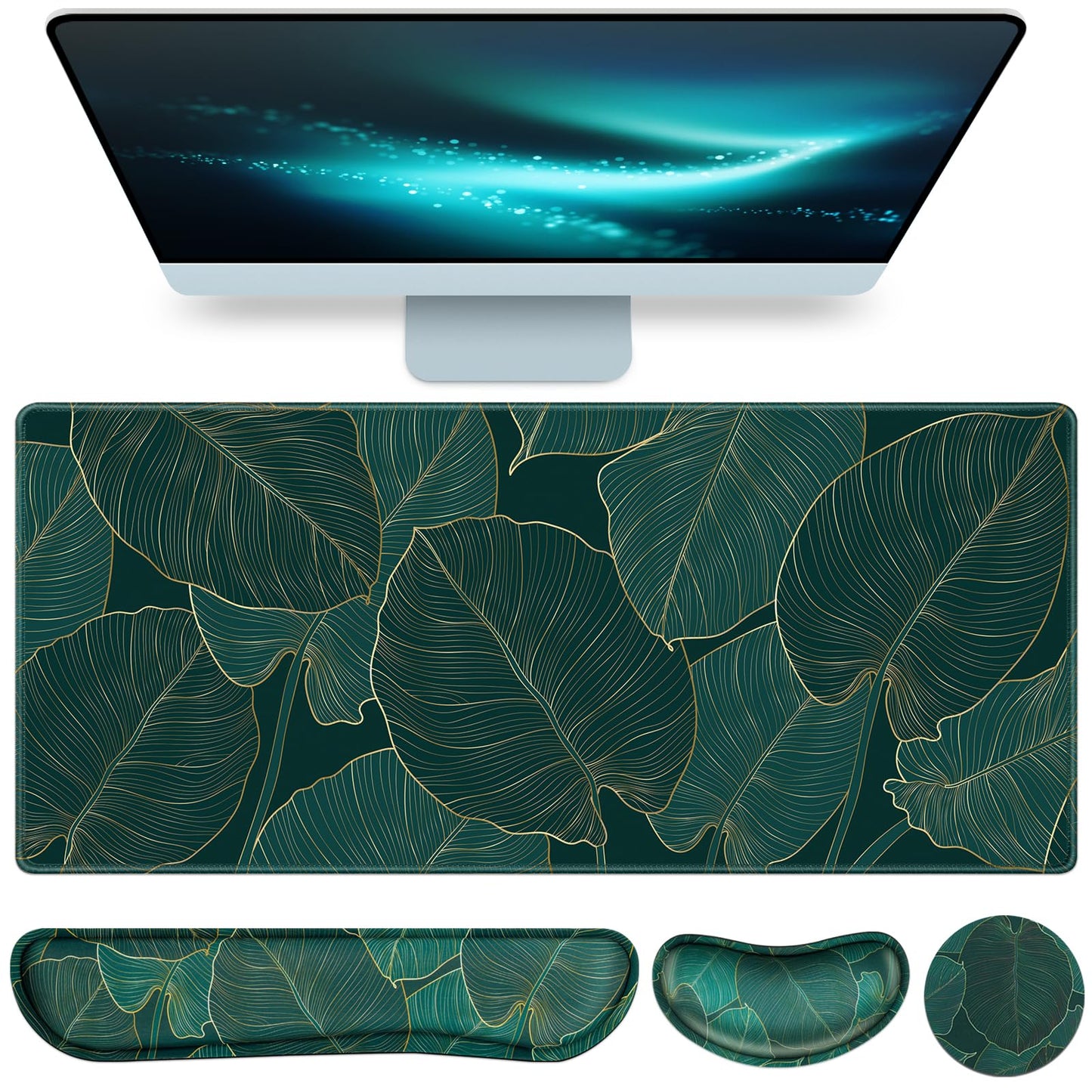 Desk Mat, Large Gaming Mouse Pad with Wrist Rest, 4in1 XXL Mousepad+Keyboard Wrist Rest+Mouse Pad Wrist Support+Cup Coaster Set Ergonomic for Computer Desk Accessories Decor Home Office Table Women