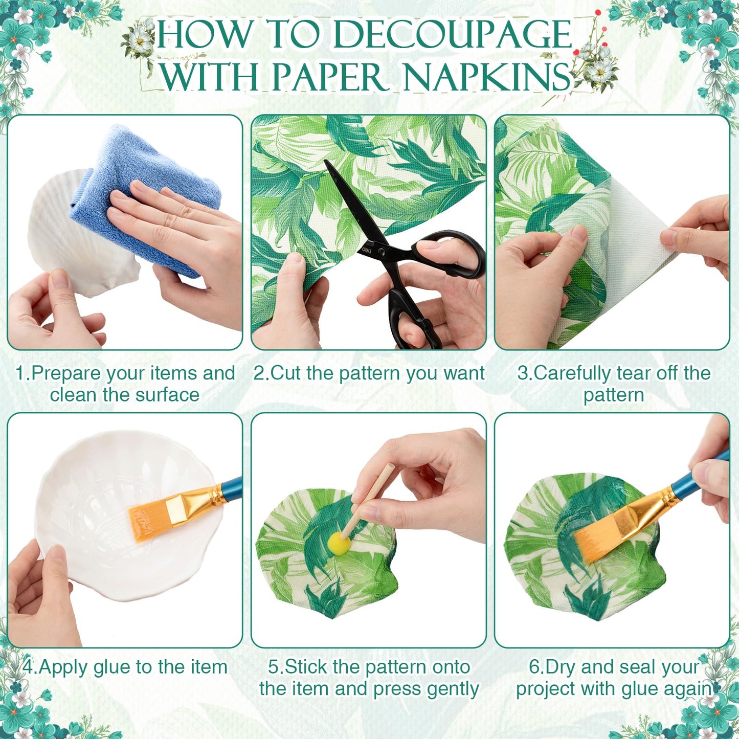 Crtiin 48 Pcs Decoupage Kits, 18 Pcs 4'' White Scallop Shells, 24 x Assorted Decoupage Paper Napkins with Glue Paint Strips Pigments and Paint Brushes for Home Decor Ornaments DIY Arts Crafts (Fun)