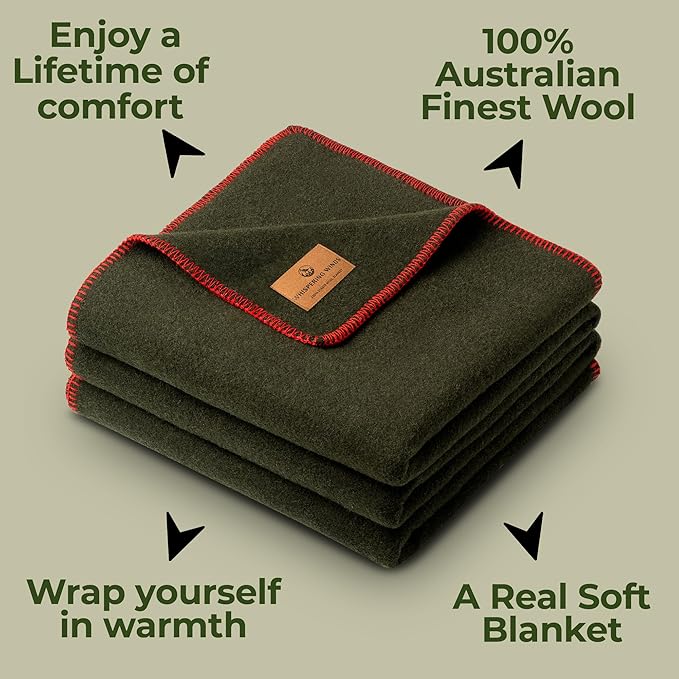 Whispering Winds 100% Wool Blanket - Large 60"x 84" Ultra Soft, Warm & Thick Camping Blanket, Outdoor Bushcraft, Survival, Military Green