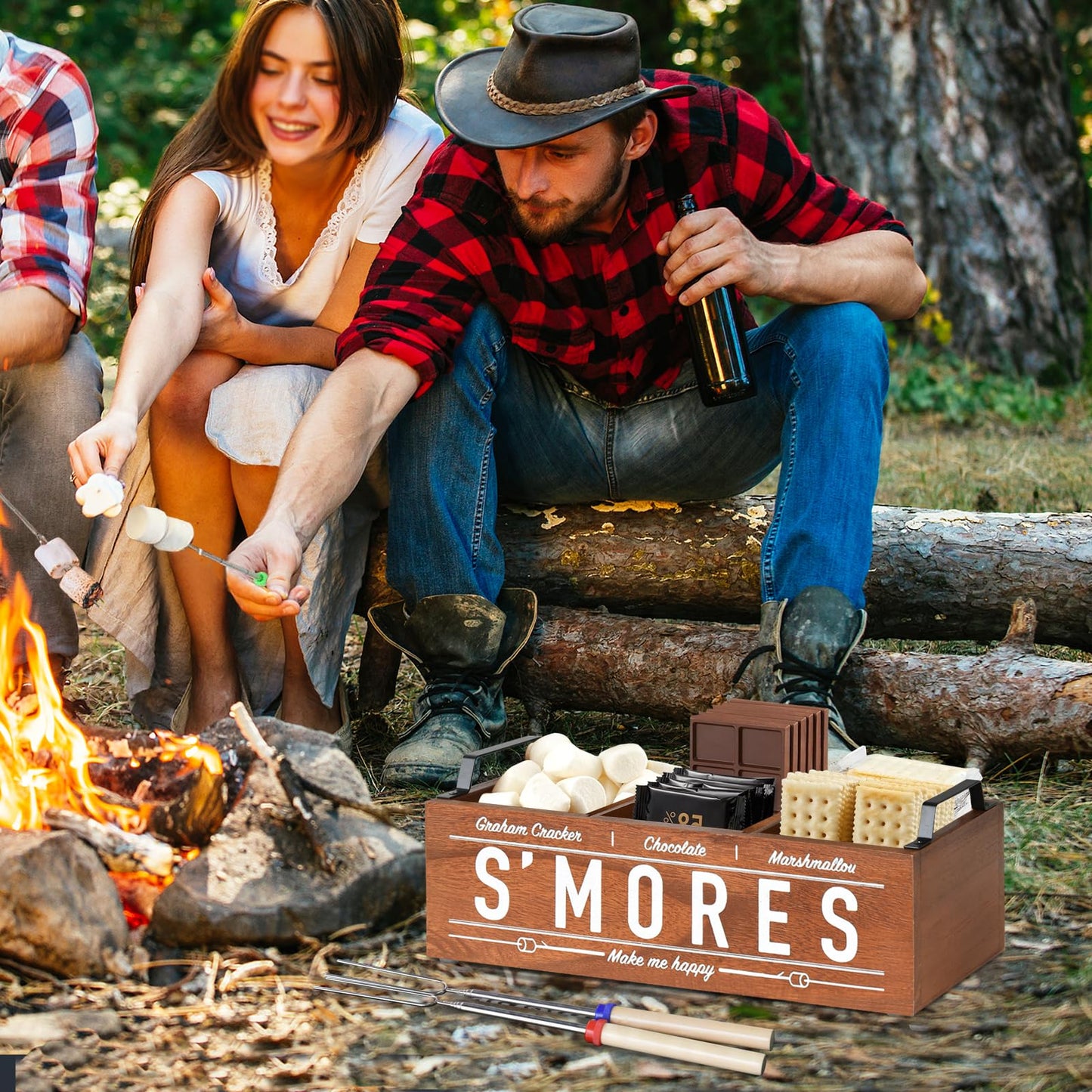 S'Mores Station, Farmhouse Smores Caddy with Handles, Smores Kit for Fire Pit Smores Maker Box, Smores Bar Station with 5Pcs Extendable Marshmallow Roasting Sticks, Camping Essentials Gear Accessories