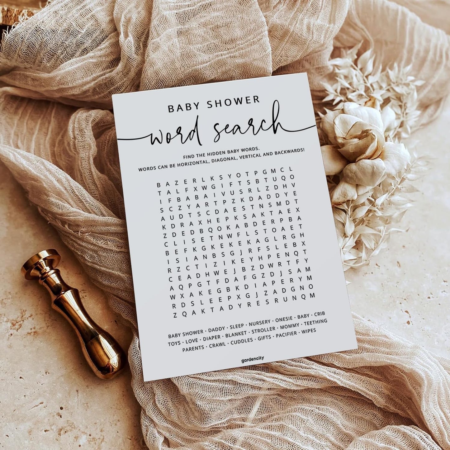 GardenCity 50 Baby Shower Word Search Game Cards, Fun Baby Shower Games for Boy or Girl, Gender Neutral - Minimalist