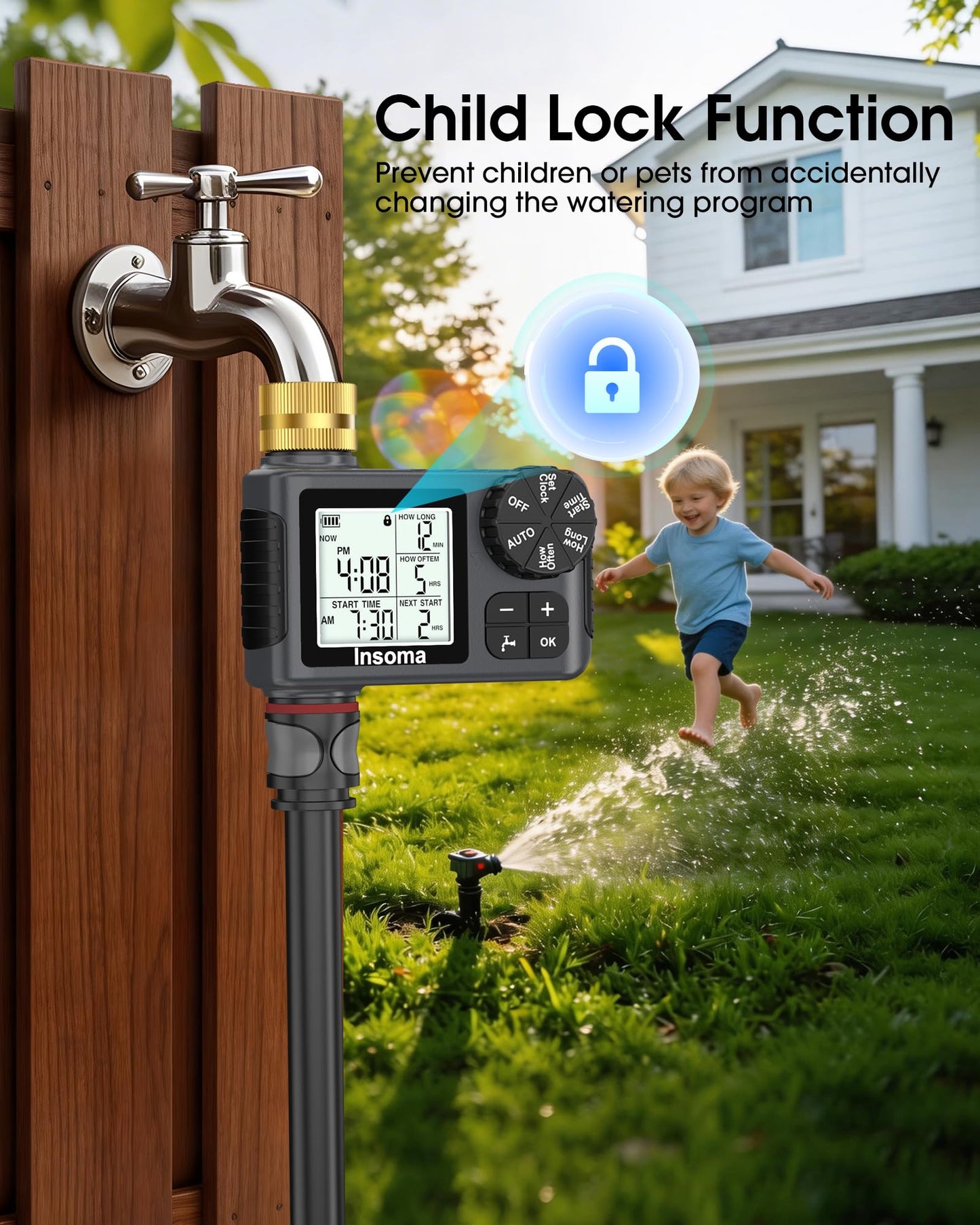 Water Timer for Garden Hose with 100% Metal Pipe, Programmable Sprinkler Controller for Garden Faucet with Auto/Manual/Rain Delay Mode, Irrigation Timers for Lawn, Yard, Outdoor Plants