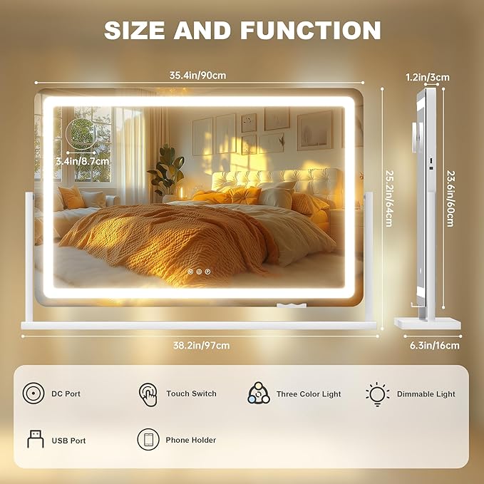 Hasipu Vanity Mirror with Lights, 35.4" x 23.6" LED Makeup Mirror, Light up Mirror with 10X Magnification and Phone Holder, USB Charging Port, Smart Touch 3 Colors Dimmable (White)
