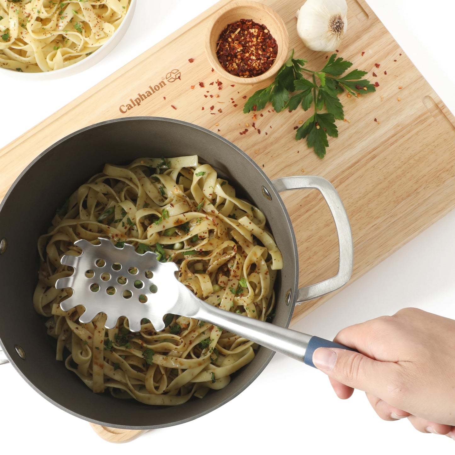 Calphalon Edge Stainless Steel Spaghetti Pasta Server w/Thermoplastic Rubber Handle - Navy Blue