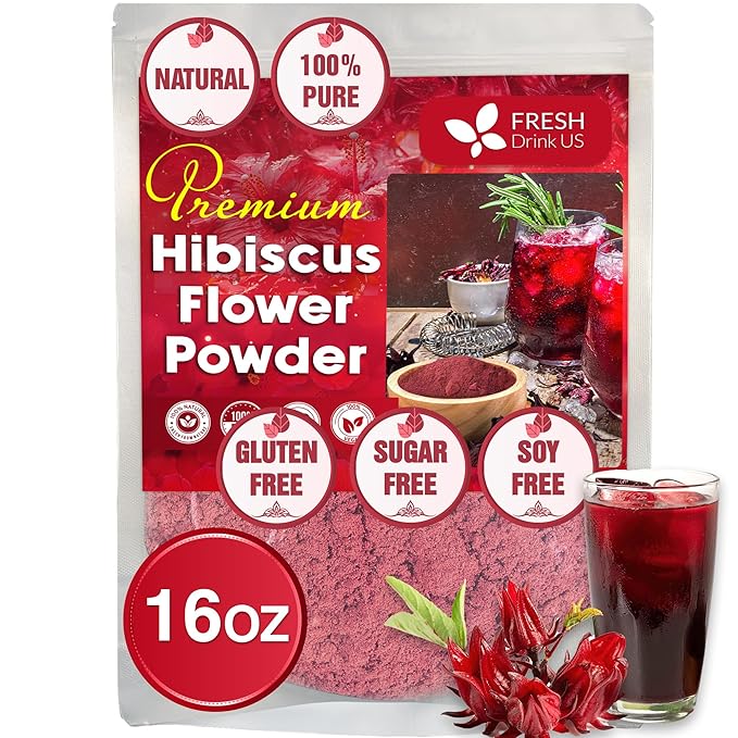 FreshDrinkUS, Premium 16oz Hibiscus Flower Powder, 100% Natural and Pure from Hibiscus Flowers, Natural Food Coloring, Hibiscus Flowers Tea, No Additives, No Gluten, No Sugar, Vegan