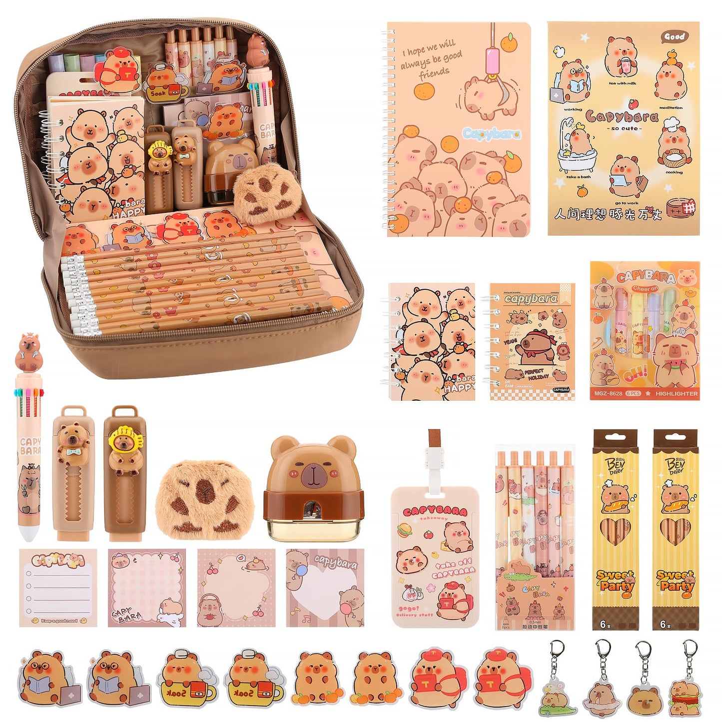 Lebaley Capybara Gifts - 27PCS Capybara Pencil Case，Capybara Stationery Set，Cute Back to School School Supplies，Pencil Bag include Gel Pens Pencil Sticky Notes Pins Notebook Card Holder Key Chain