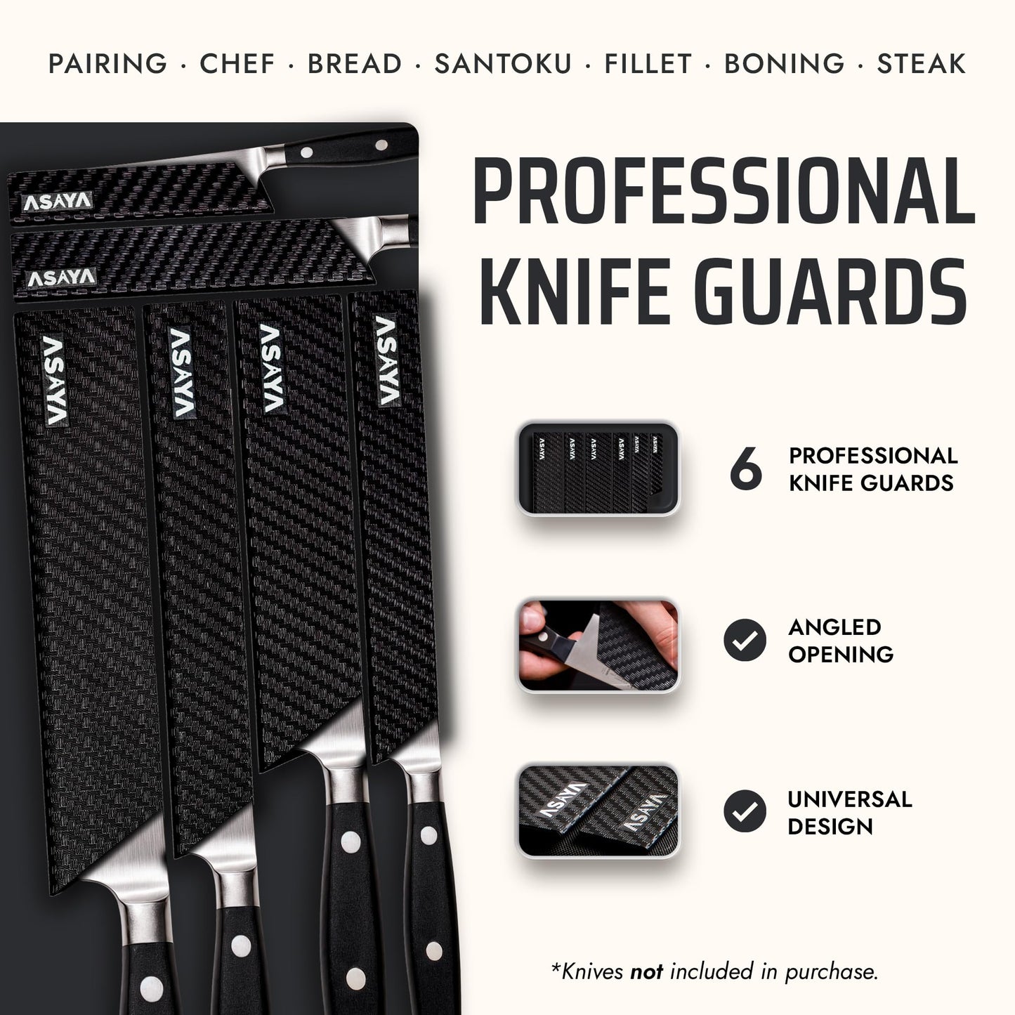 Asaya Professional Chef Knife Edge Guards – 6 Piece Knives Universal Covers - Extra Strength ABS Plastic and Food Safe Kitchen Knife Sheath Covers – Knives Not Included