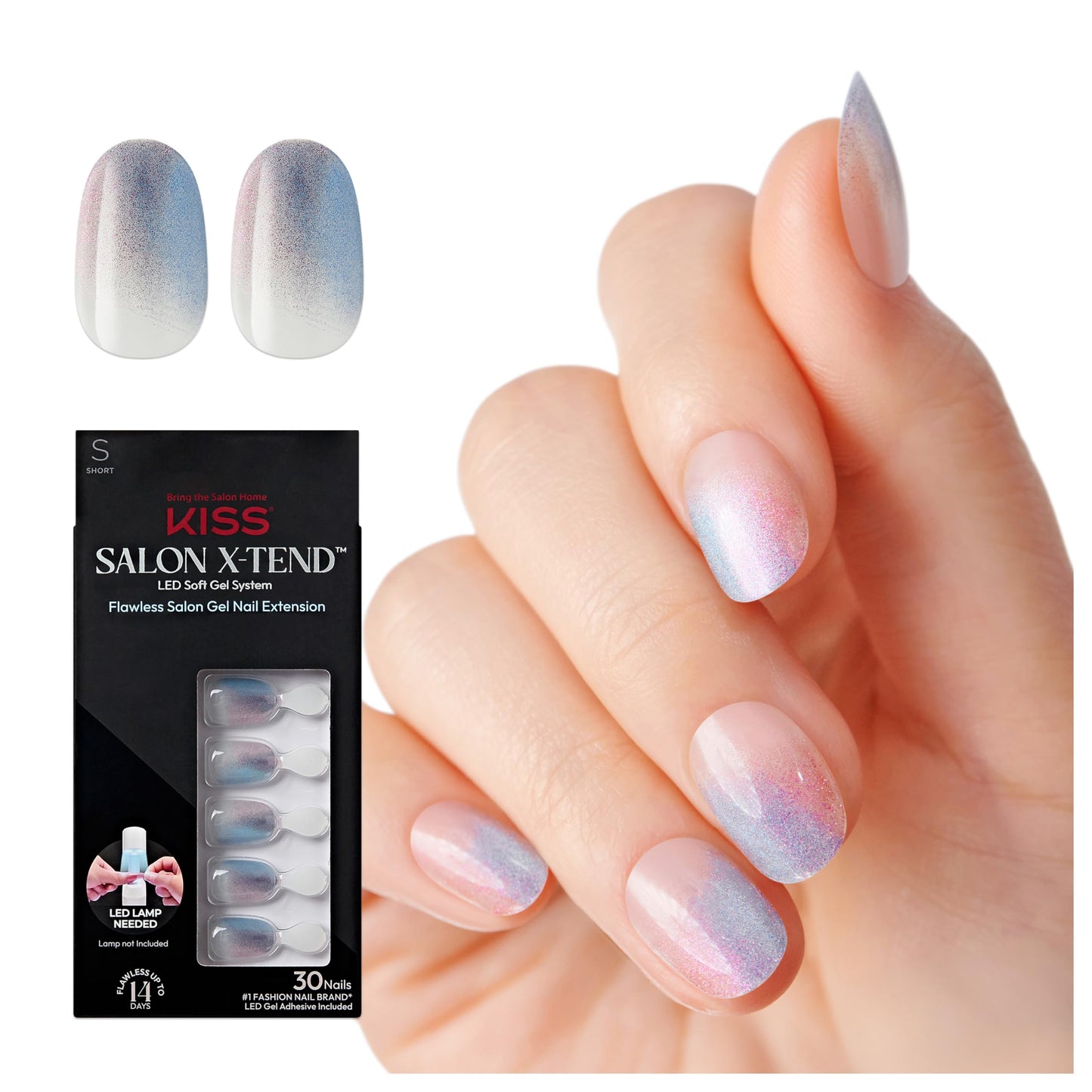 KISS Salon X-tend LED Gel Nail Kit Press On Nails, , 'Changed', Multicolor, Short Oval, 30 Fake Nails, Soft Gel Nail Glue 5 ml (0.16 US fl. oz.), Prep Pad, Manicure Stick, & Mini Nail File