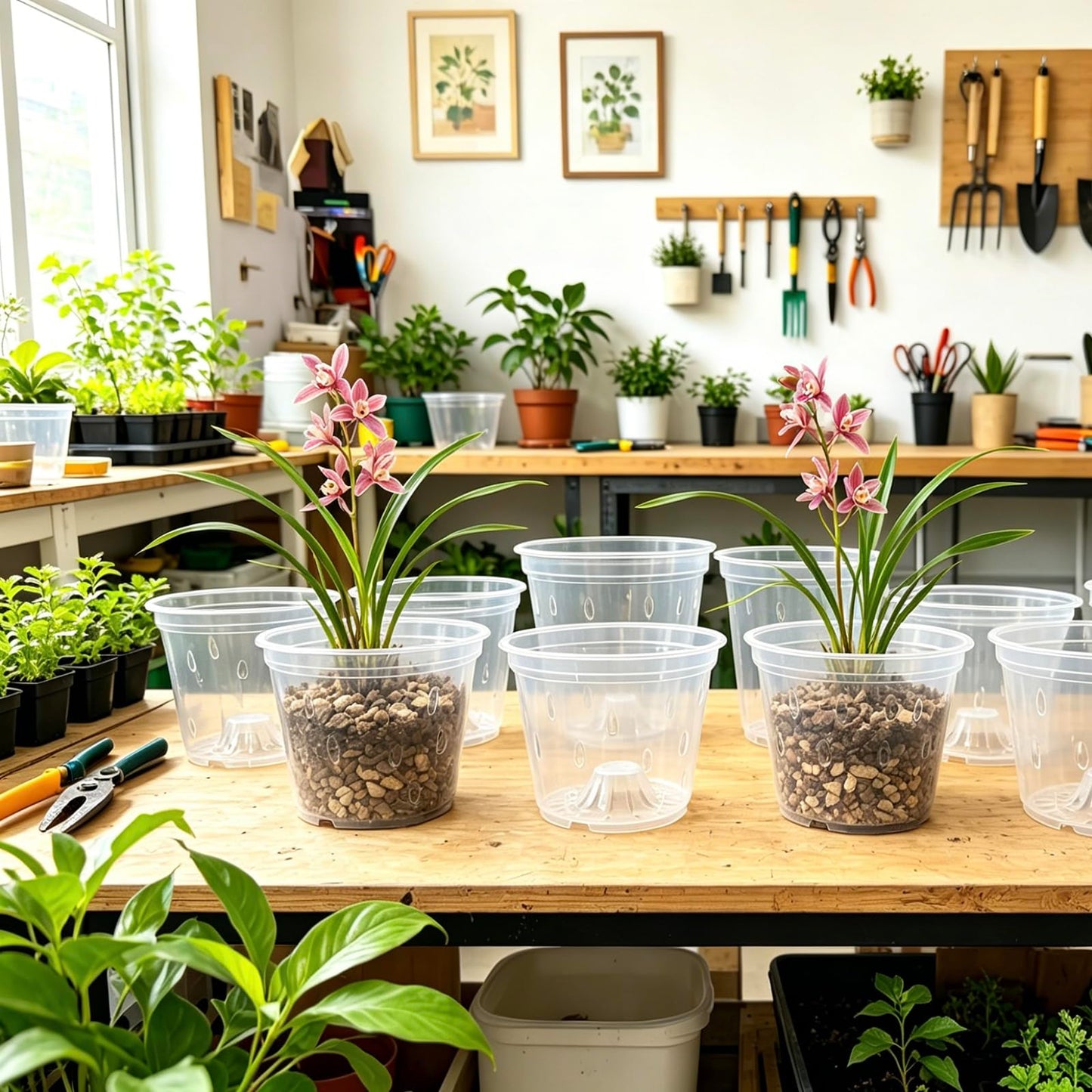 Gyfofix 6 Pack 5.9 Inch Clear Plastic Orchid Pots with Drainage Holes, Transparent Breathable Planters for Root Observation, Indoor Outdoor Orchid Cultivation