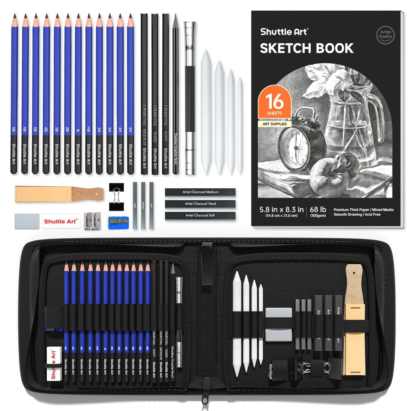 Shuttle Art Sketching and Drawing Pencils Set, 37-Piece Professional Sketch Pencils Set in Zipper Carry Case, Drawing Kit Art Supplies with Graphite Charcoal Sticks Tool Sketch book for Adults Kids