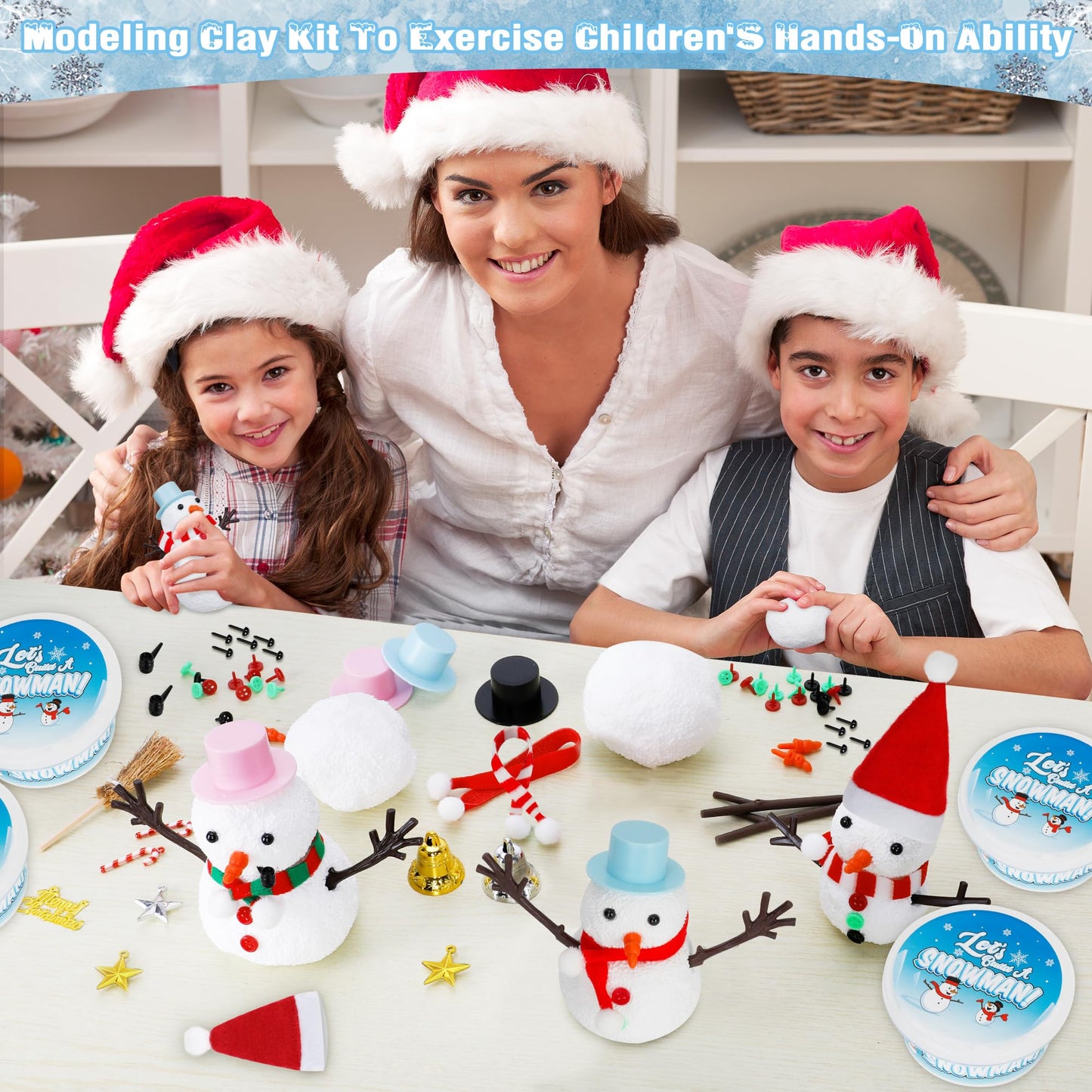 EOBOH 6 Pack Snowman Kit, Christmas Craft DIY for Kids, Build a Snowman Craft Winter Decorations Indoor, Creative Kids Air Dry Clay Modeling Crafts Kit for School Winter Party Activities