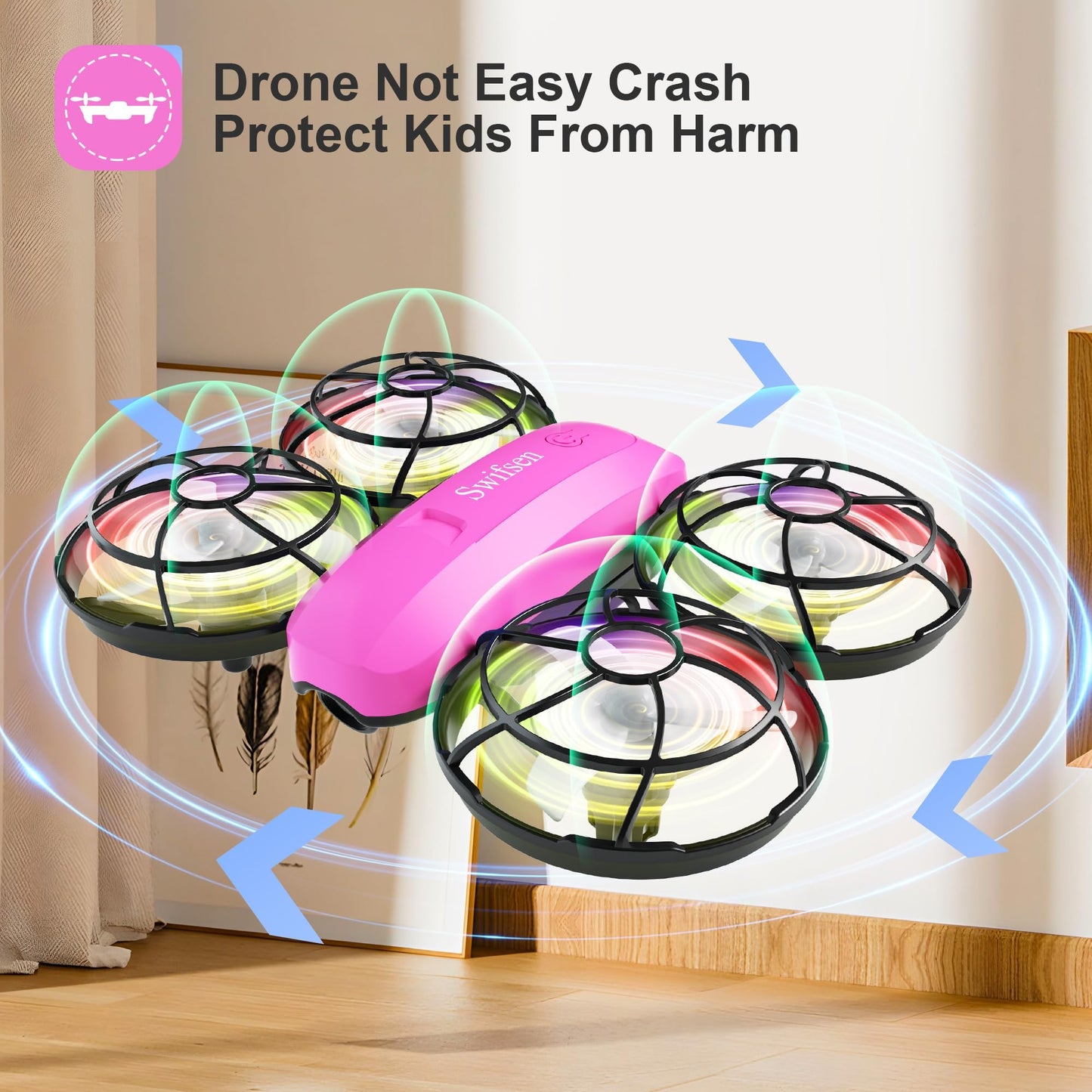 Swifsen Kids Drone with Camera & Optical Flow Positioning - Mini RC Quadcopter with Full Protection Guard, 2 Modular Batteries, Colorful LED Lights - Easy to Fly Gift for Boys & Beginners (Upgraded Version).