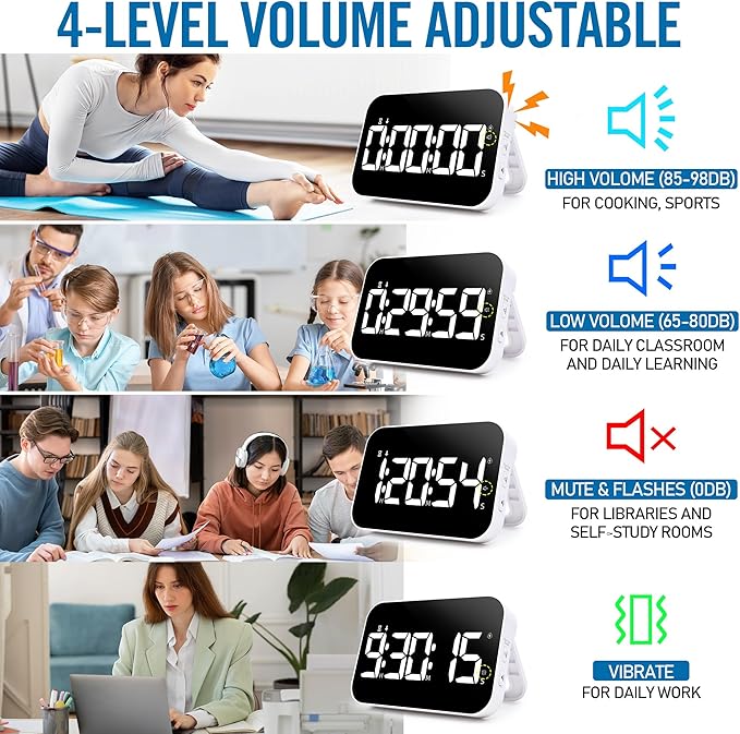 LED Timer（1.5" Number） with Voice Reminder, Digital Magnetic Timer, Countdown/Up, Rechargeabilit, Brightness Display, 3 Volume Levels and Vibration Mode, for Classroom, Study (White)