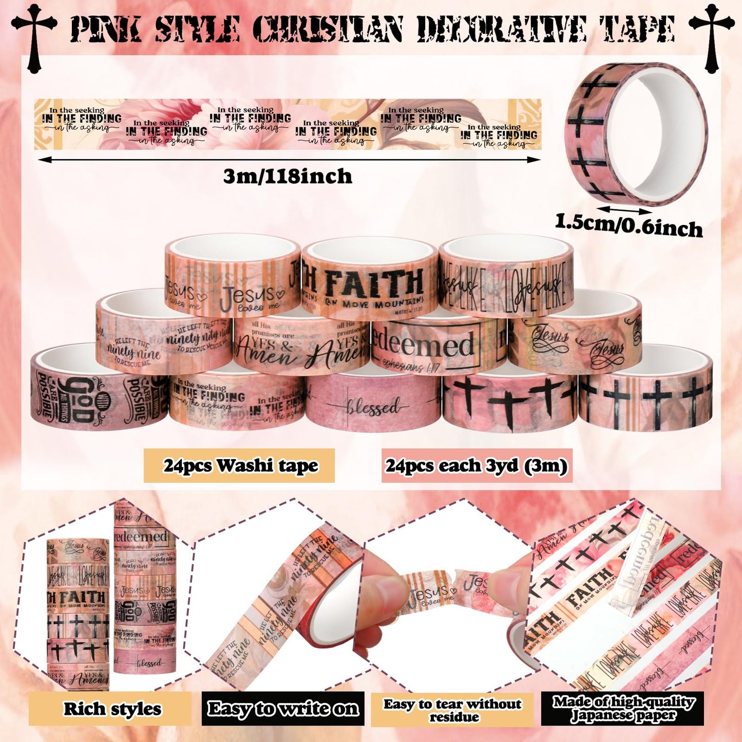 Janlaugh 24 Rolls Christian Washi Tape Gifts Bulk Religious Inspirational Scripture Supplies Pink Bible Verse Washi Tape for Bible Journaling Study DIY Crafting Easter Gifts