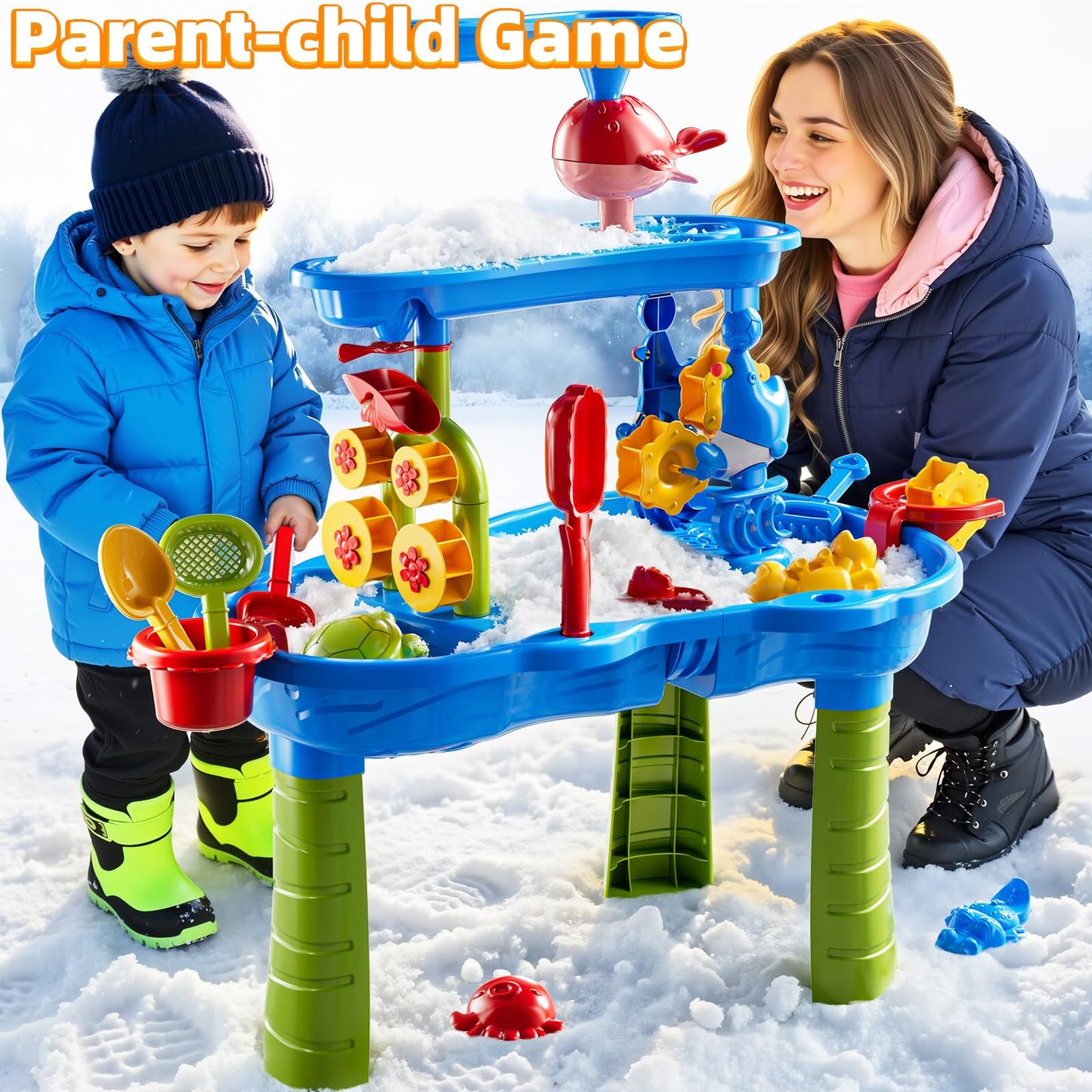 DULONIME 3-Tier Sand and Water Activity Table for Kids 3-8, Sensory Play Table with Waterfall Design & Beach Toy Set, Outdoor Backyard Playset for Toddlers 2-6, Great Birthday Present