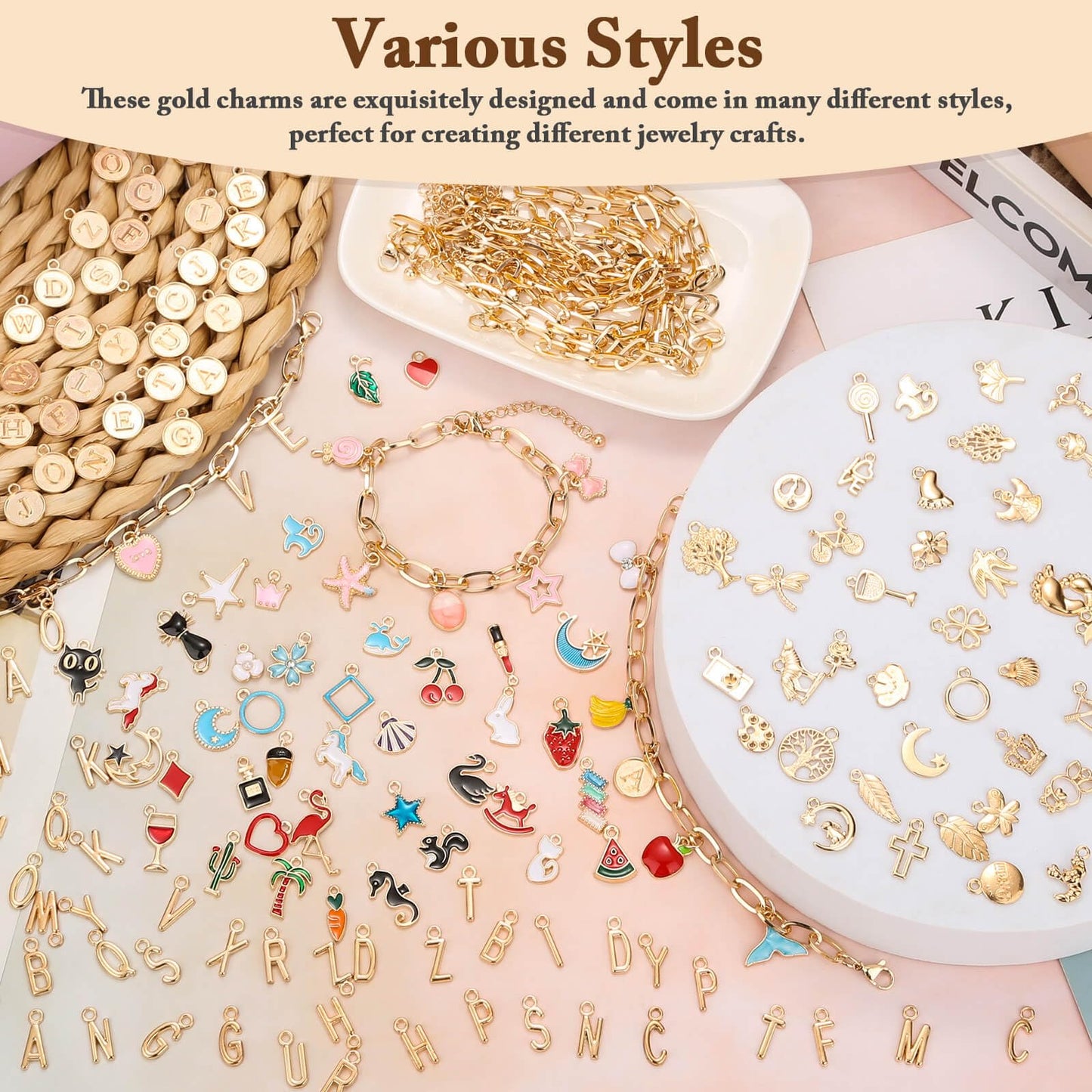 Flasoo 416 Pieces Gold Charm Bracelet Making Kit, Including Paperclip Chain Bracelets, Charms, Jump Rings for Jewelry Making