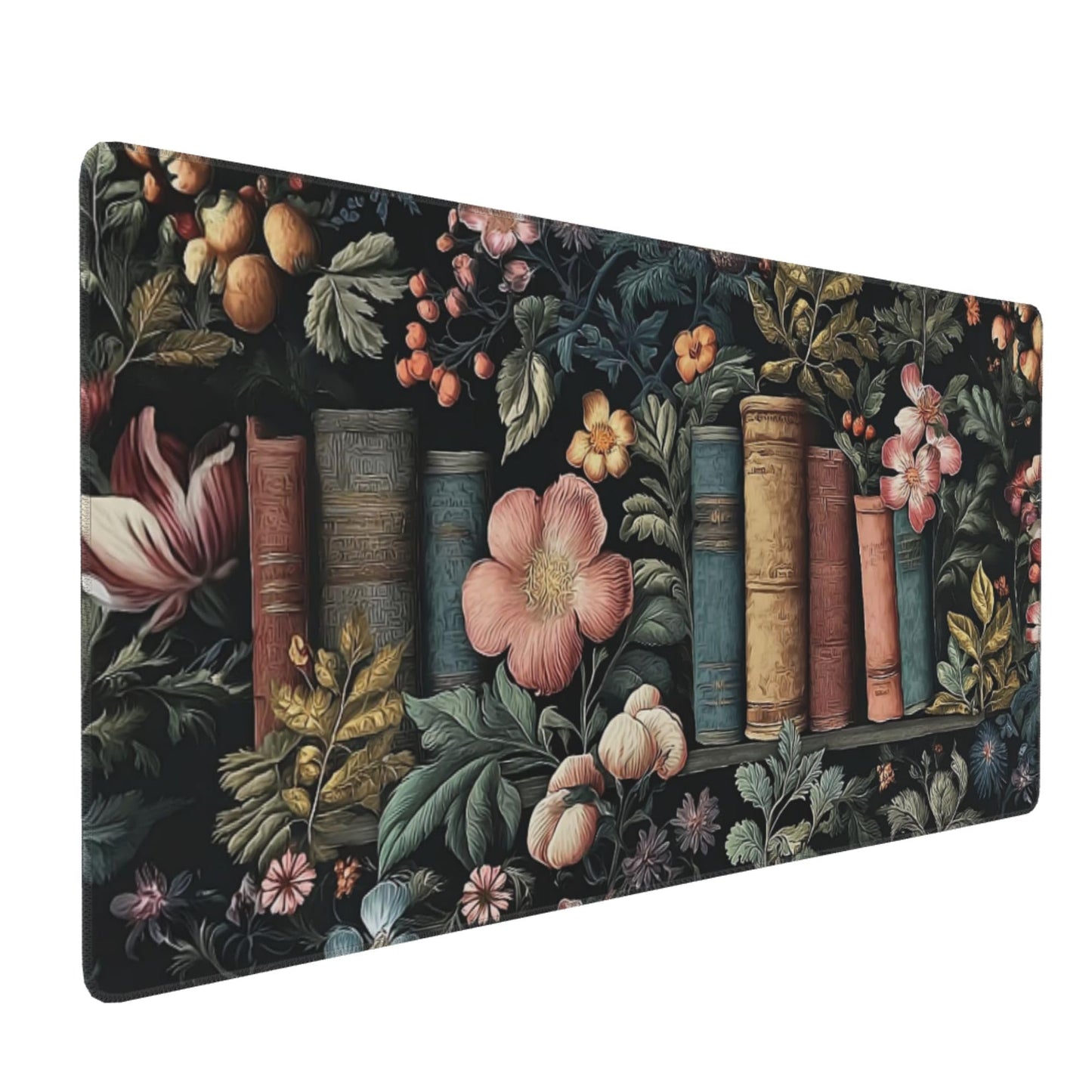 Dark Academia Desk Mat, Floral & Book Pattern XXL Mouse Pad with Anti-Slip Base & Stitched Edges, Large Desk Pad for Computer Keyboard, Office & Home Decor for Women