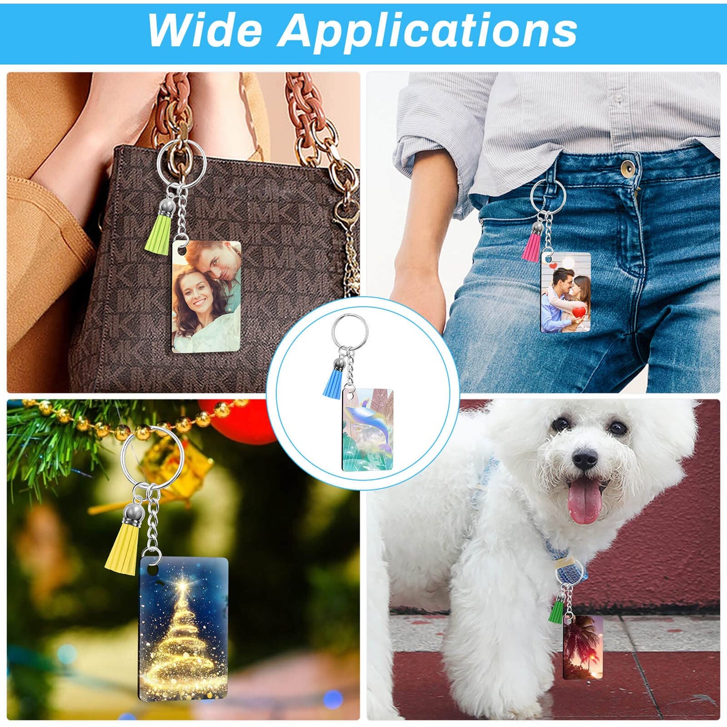 Modacraft 120Pcs Sublimation Keychain Blanks Bulk Set with Rectangle Sublimation Blanks Tassels Keychain Rings & Jump Rings for DIY Keychains Crafting