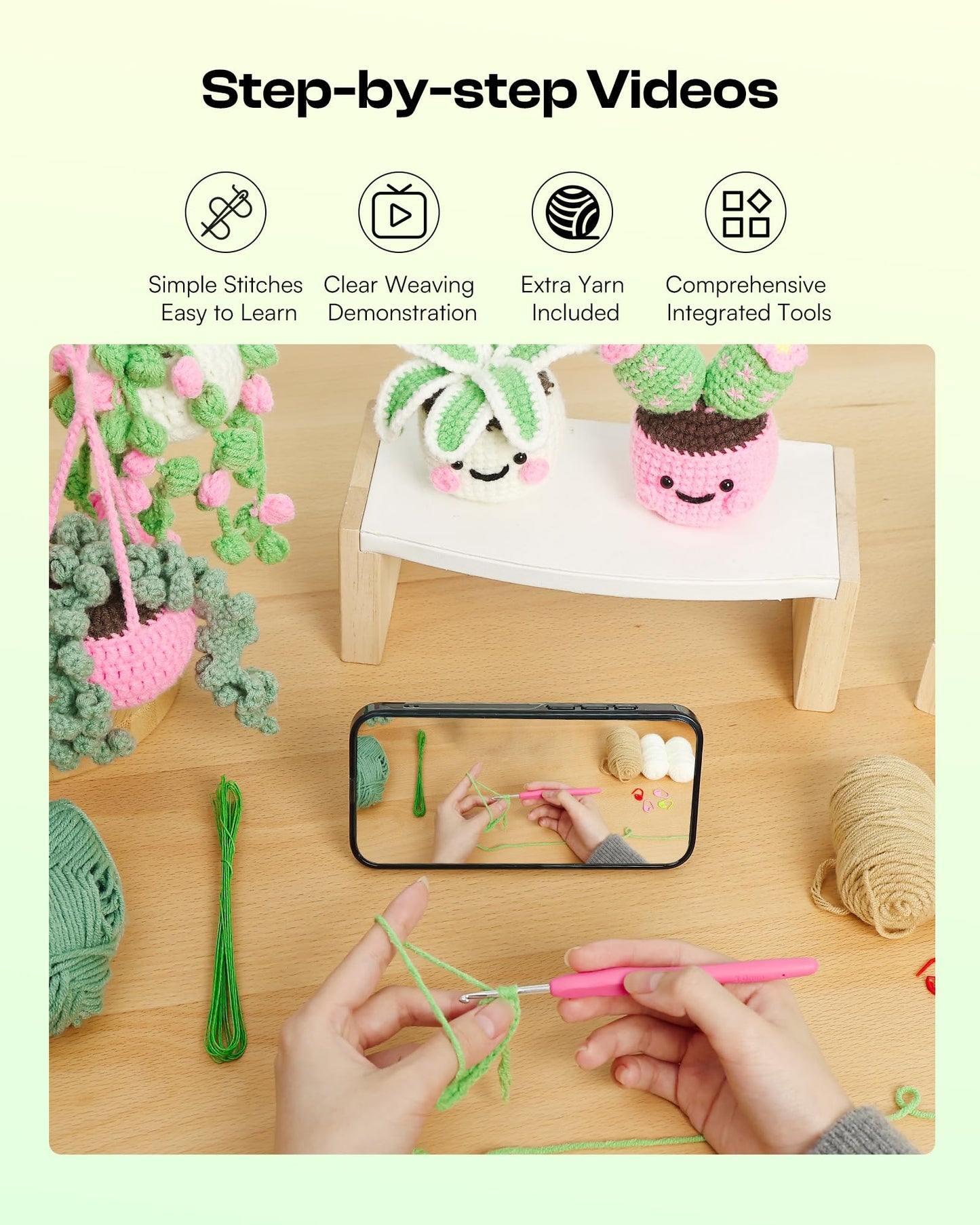 Caydo Crochet Kit for Beginners with Step-by-Step Video Tutorials, Crochet Starter Kits for Adults, Potted Hanging Plants Craft Kit with Yarn Sets for Home/Car Decoration, Gift for All Ages