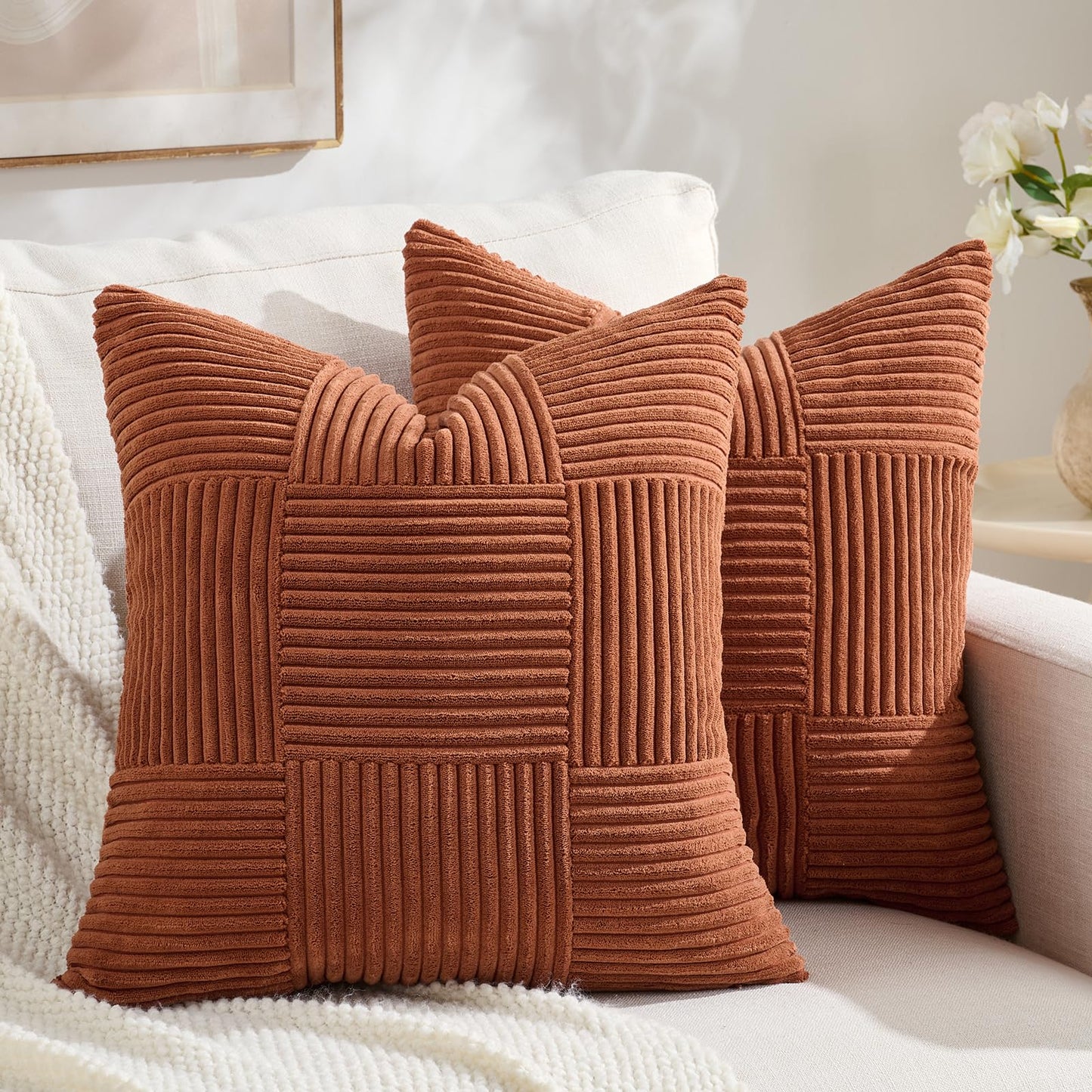 Fancy Homi Set of 2 Rust Boho Decorative Throw Pillow Covers 20x20 Inch for Living Room Bedroom Couch Bed Sofa, Modern Farmhouse Home Decor, Soft Striped Patchwork Plaid Corduroy Accent Cushion Case