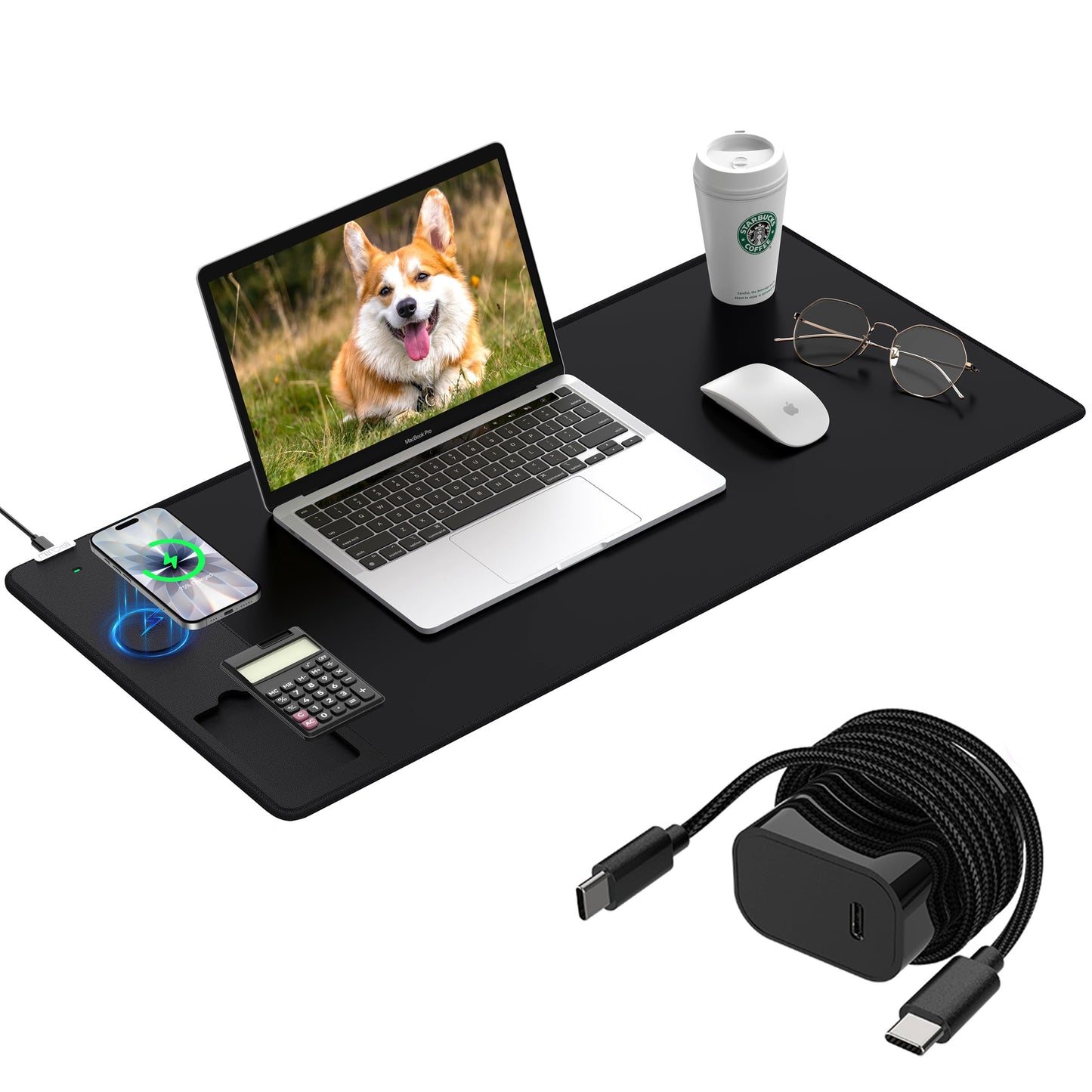 Mouse Pad 31.5x15.75 Inch with Calculator, 15W Magnetic Wireless Charging Desk Mat, XXL Desk Pad, Home Office Large Keyboard Pad with Ultra-Smooth Surface, Non-Slip Base (Black with 20W PD Charger)