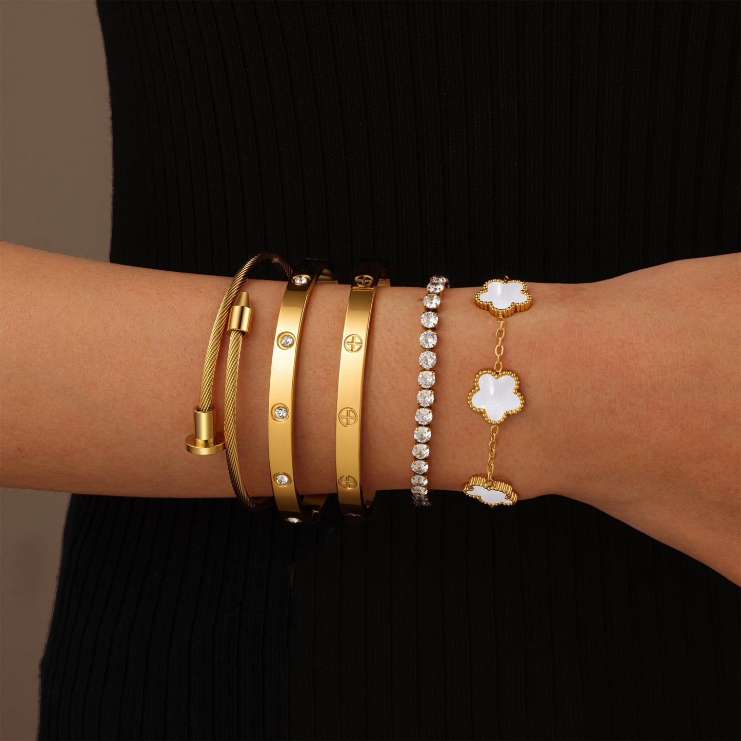 RIVOWMKI 18K Gold Plated Bracelet Set for Women, Sparkling CZ Bangle Adjustable Tennis Bracelet, Stackable Clover Jewelry, Non Tarnish Non Fade Long Lasting Shine for Client Meeting Afternoon Tea
