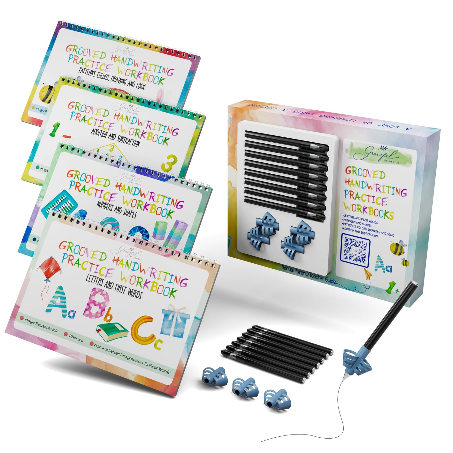 Grooved Handwriting Practice Books for Kids 3-7 | Reusable Letter Tracing with Mess-Free Disappearing Ink | Teacher-Designed | Magic Grooved Writing Practice Books | Full Set