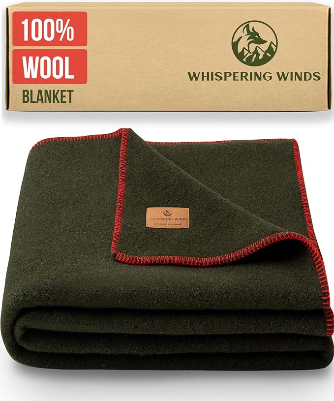 Whispering Winds 100% Wool Blanket - Large 60"x 84" Ultra Soft, Warm & Thick Camping Blanket, Outdoor Bushcraft, Survival, Military Green