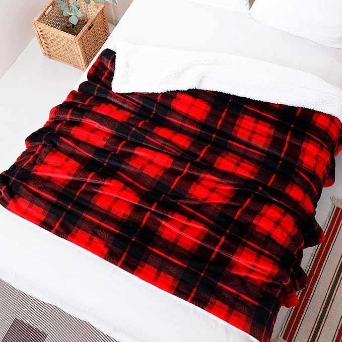 SOCHOW Sherpa Plaid Fleece Throw Blanket, Double-Sided Super Soft Luxurious Bedding Blanket 50 x 60 inches, Red