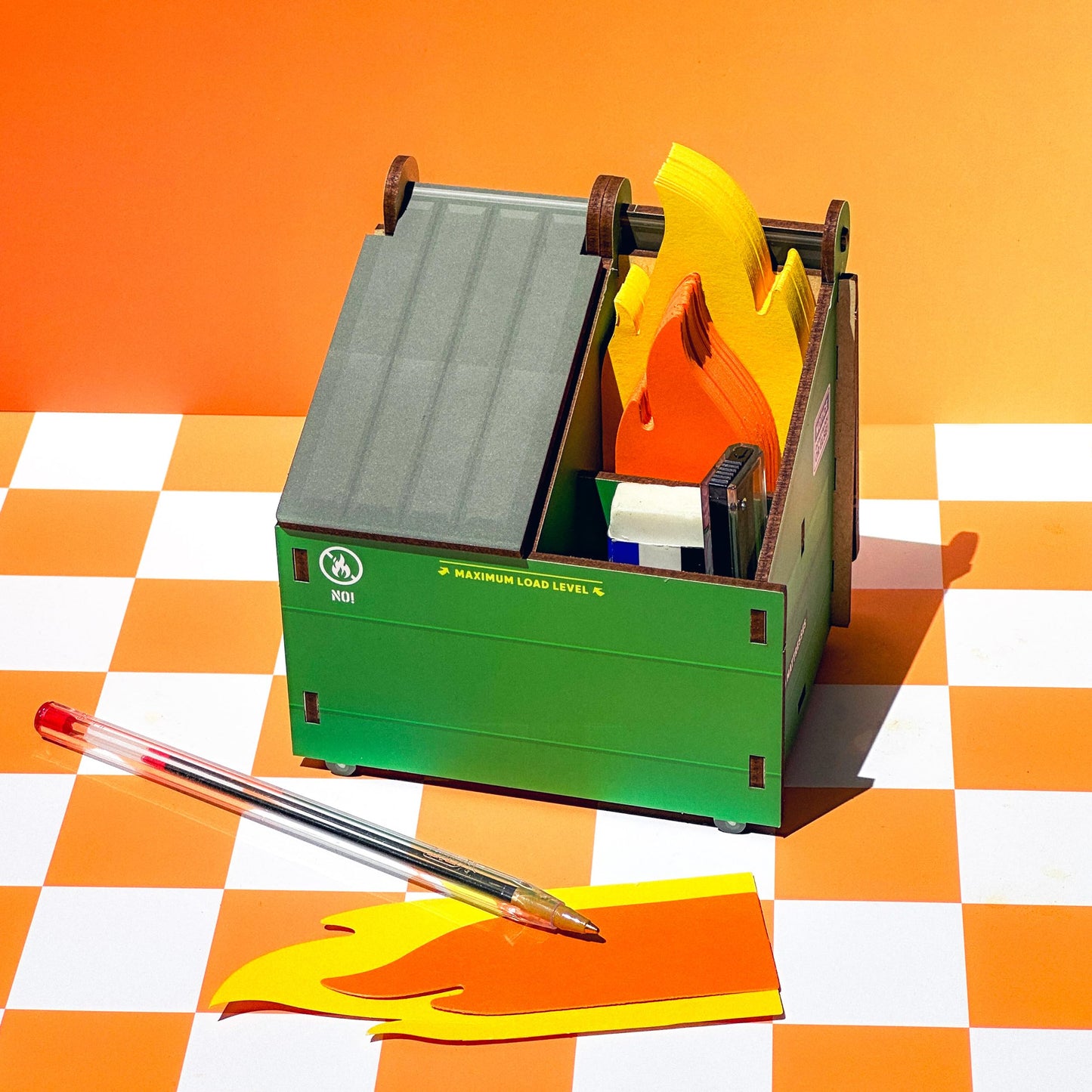 Genuine Fred Desk Dumpster Pencil Holder with 100+ Flame Note Cards, Funny 3-Compartment Organizer for Office Supplies, Desk Caddy for Work or Home