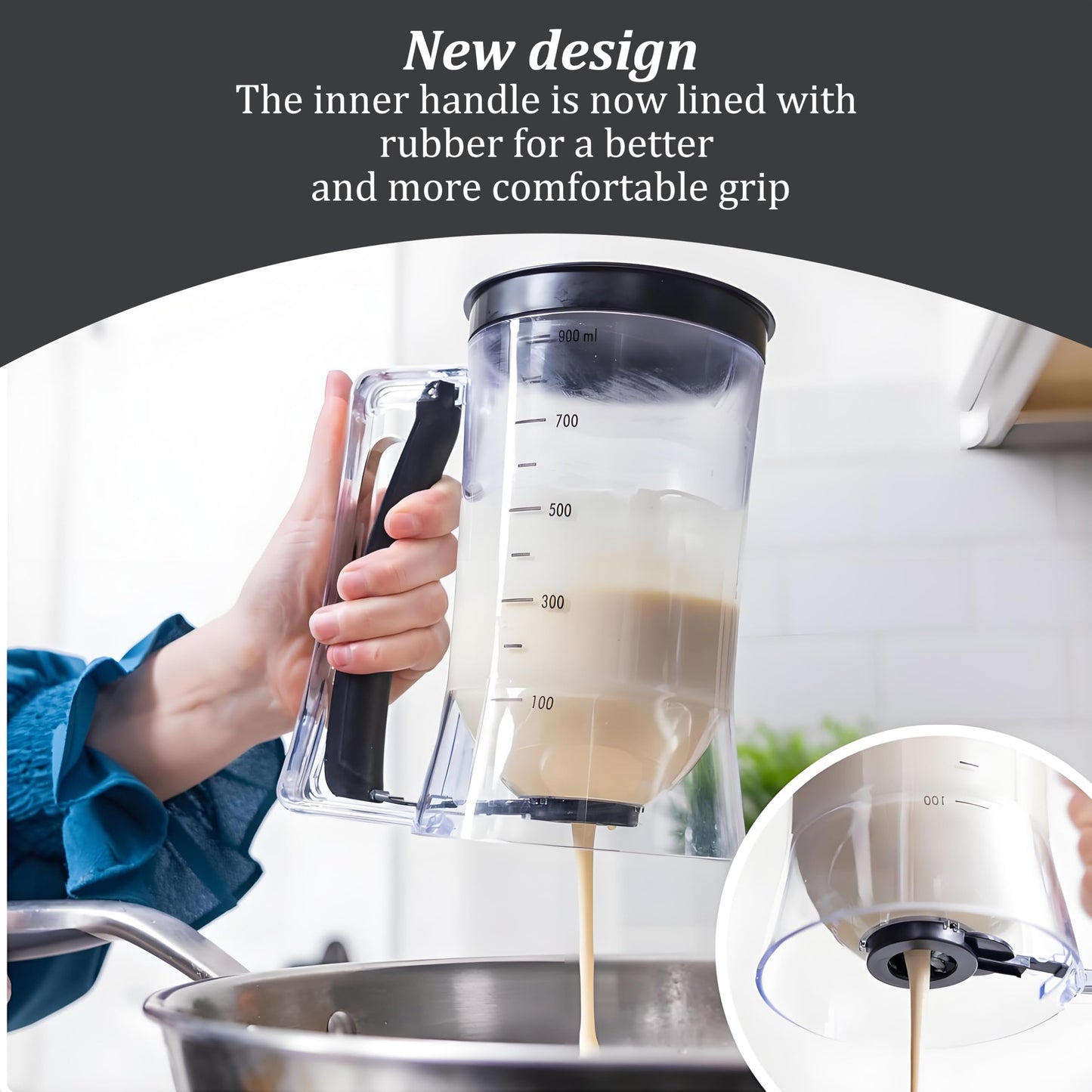 SoKalChw Pancake Batter Dispenser with Measuring Label, 4 Cup Capacity, 900ml With Squeeze Handle Kitchen Dispenser Bottle for Pancakes, Waffles, Muffins, Green