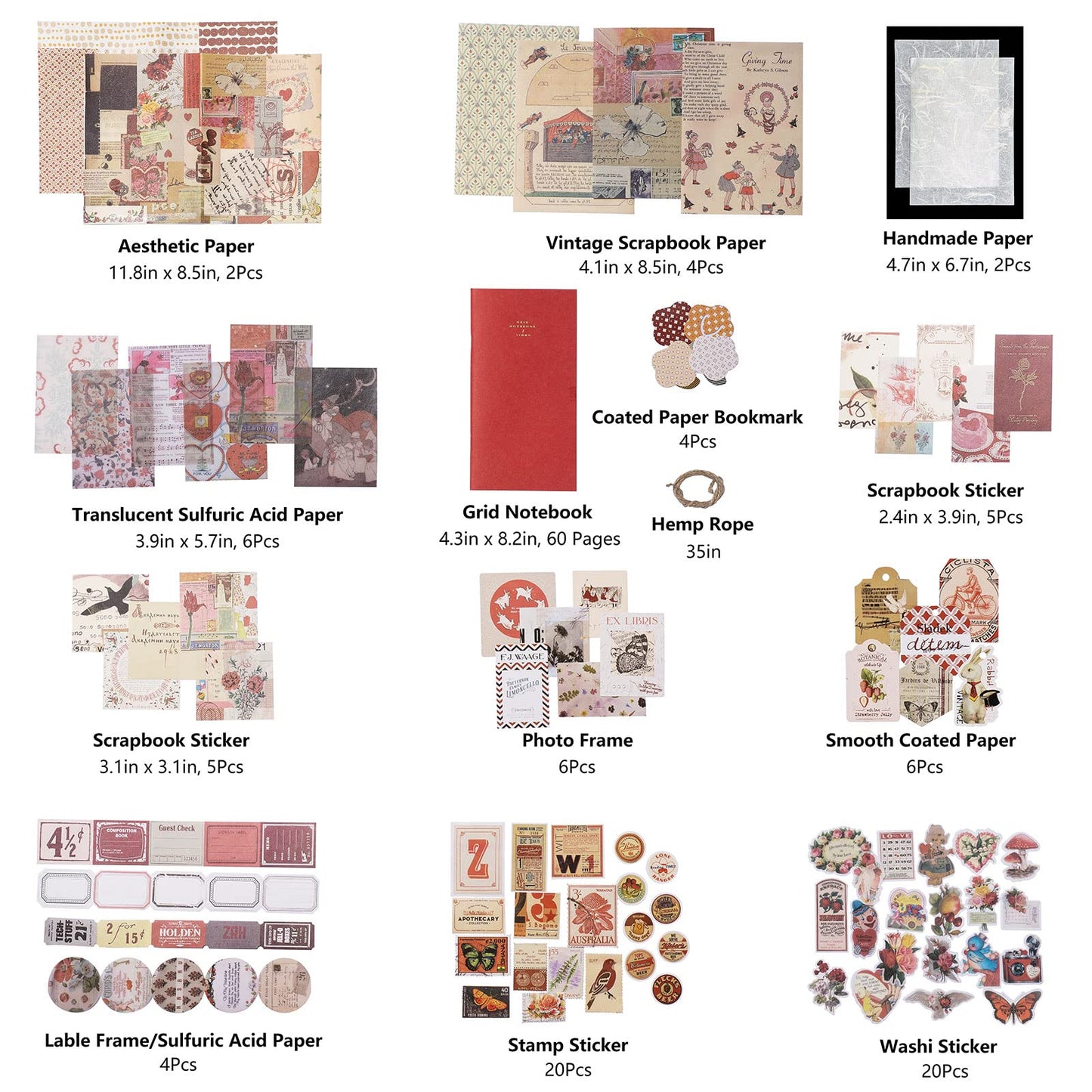 JOYCHOIC Vintage Scrapbook Supplies Aesthetic Journaling Kit, Scrapbook Papers Quote Stickers TN Notebook Large Collection for Bullet Junk Journal, Planner DIY Arts Craft Collage