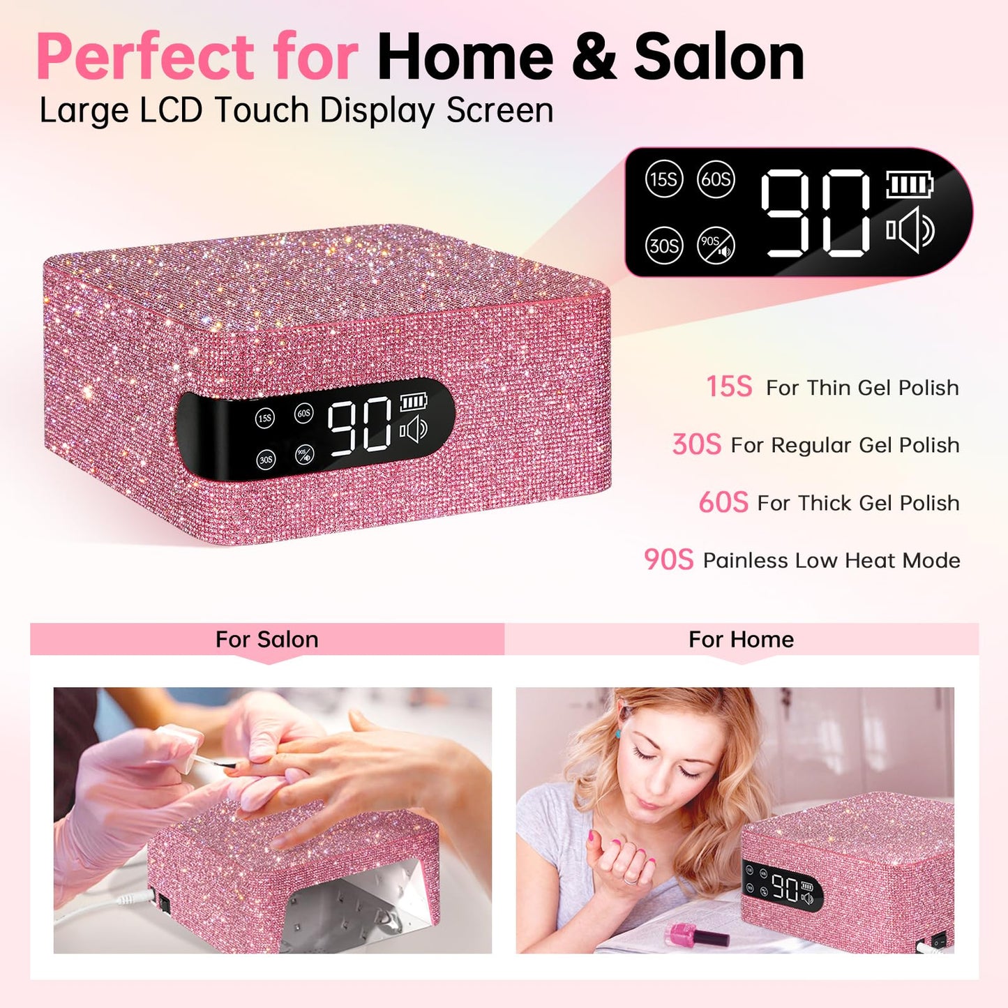 CHRISTINE SHELLY UV Nail Lamp,96W UV Light for Gel Nails, Cordless Nail Light,Rechargeable Nail Dryer, Touch Control & Auto Sensor,Fast Curing Manicure for Salon & Home (Pink Diamond)