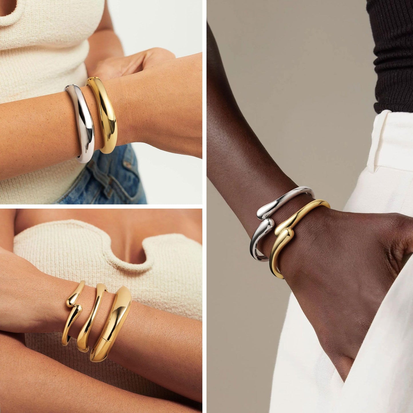 M MOOHAM Chunky Gold Silver Bangle Bracelets for Women, Dainty 14k Gold-Plated Chunky Stackable Statement Bangles Bracelet Set Round Cuff Bracelet Stack for Women Trendy Jewelry Gifts
