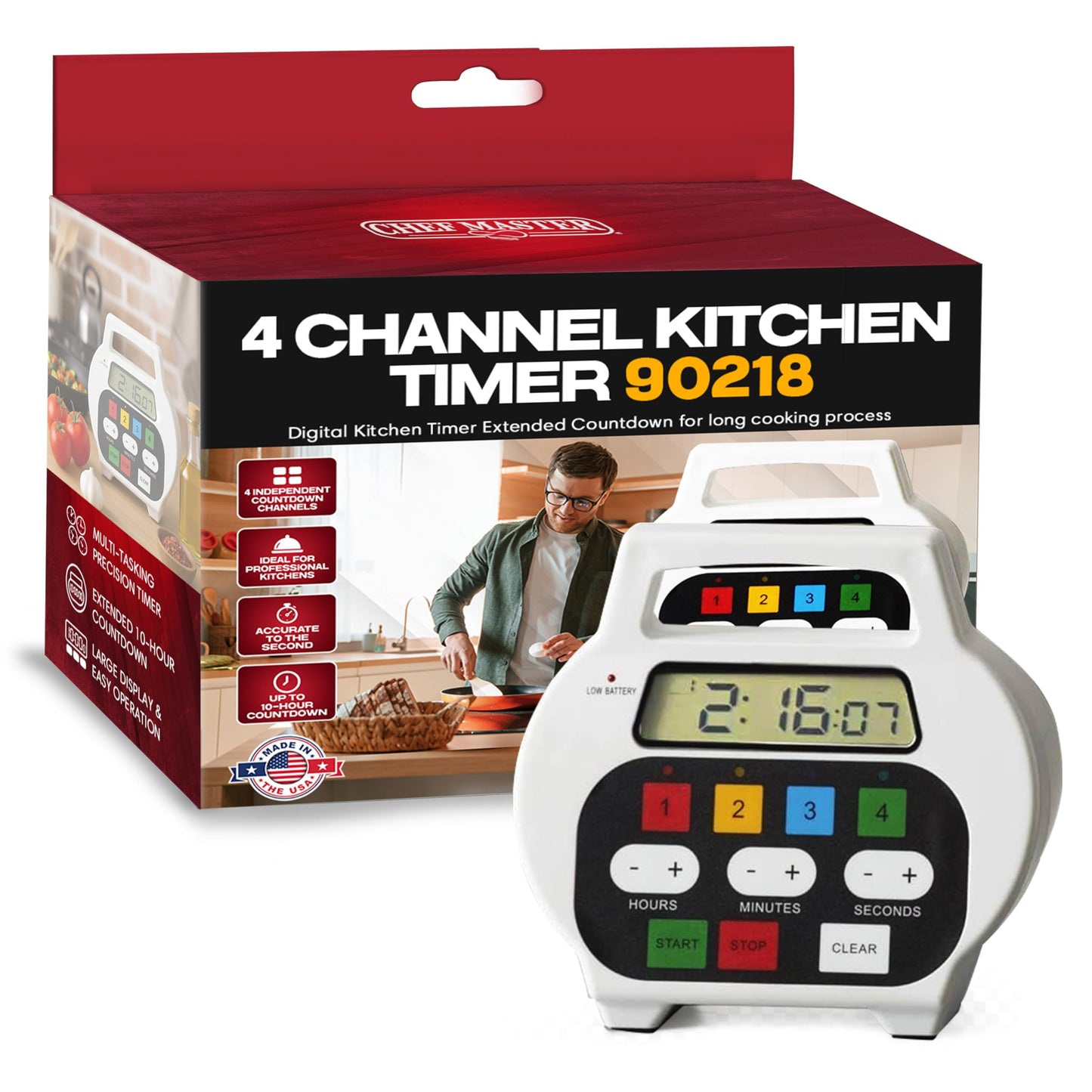 Chef Master 4-Channel Digital Kitchen Timer – Timer for Cooking, Baking & Grilling – LED Display Clock with Independent Countdown Functions for Food Preparation, Roasting, & Tracking - 90218