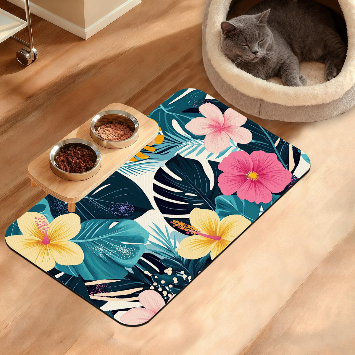 Tropical Palm Dog Food Mat,Exotic Leaves Floral Absorbent Pet Feeding Mat for Food and Water Bowl,Quick Dry Dog Placemat Non Slip Rubber Backing Waterproof Pet Supplies 16" x 24"