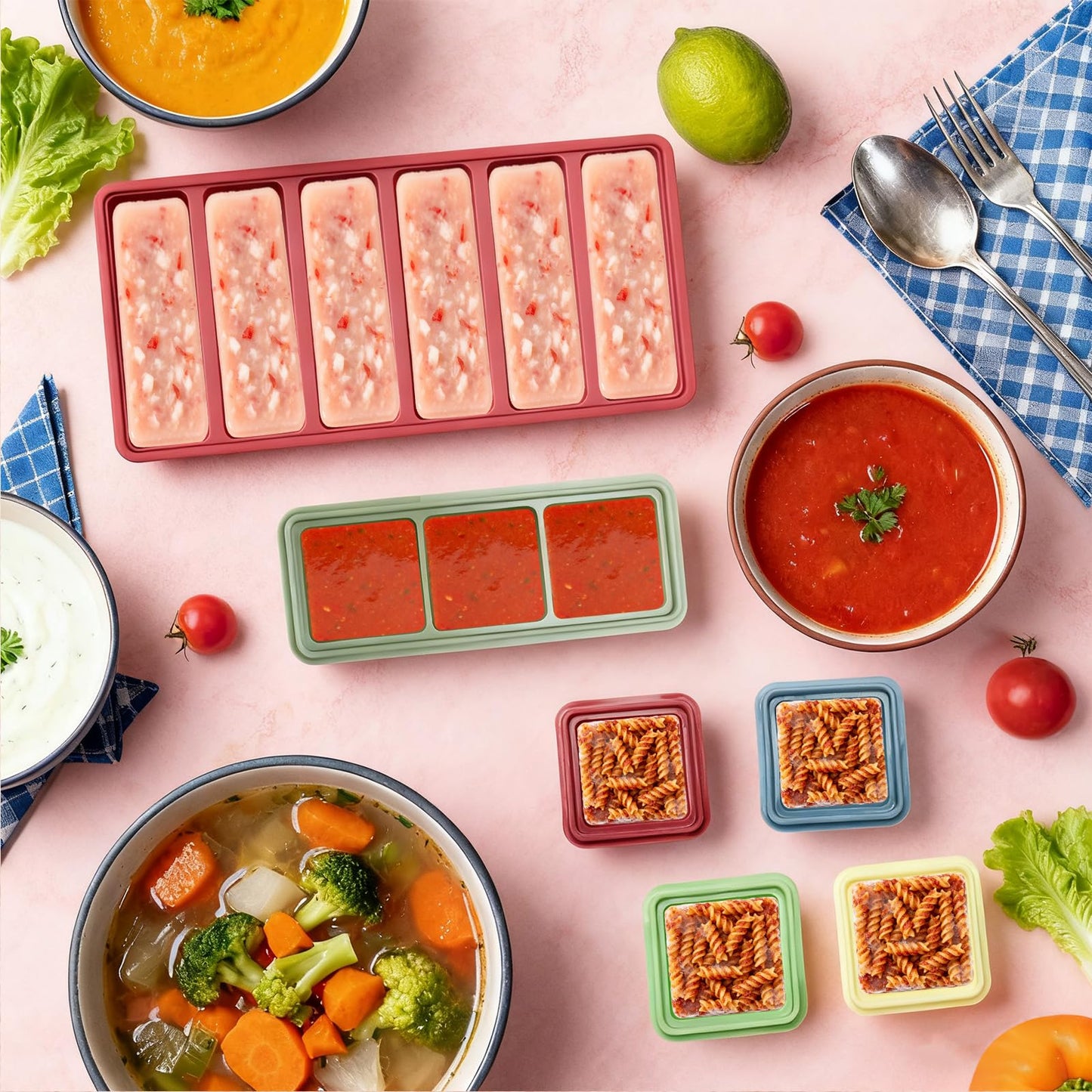 Mity rain Silicone Freezer Trays Set for Soup Cubes, 6 Pack BPA Free 1/2 Cup Silicone Freezer Molds with Lids, Control Portion Soup Freezer Containers for Souper Food Cube Storage & Meal Prep