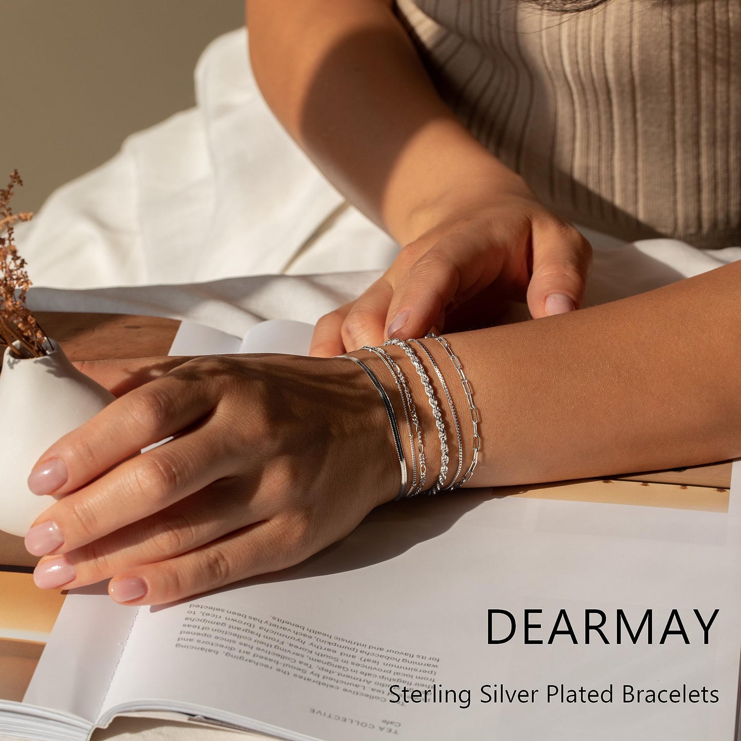 DEARMAY Silver Plated Bracelets for Women Dainty Silver Jewelry Sets Trendy Stackable Paperclip Rope Snake Box Figaro Chain Bracelets Pack Costume Fashion Gifts