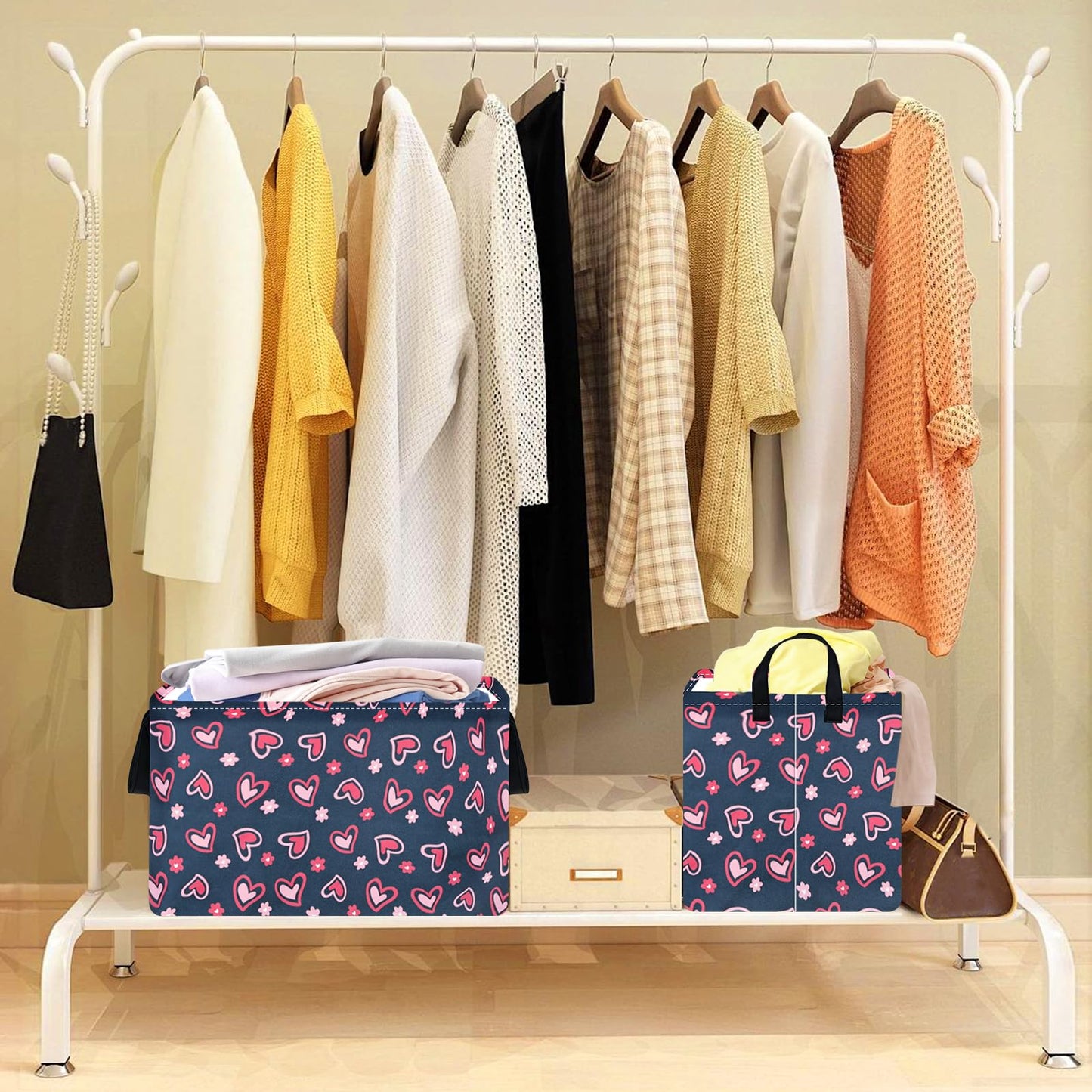 VAIVUSTO Rec Heart Print Box Hamper Storage Basket Collapsible Organizer Bin Gift Shelf Baskets for Home and Kitchen Storage